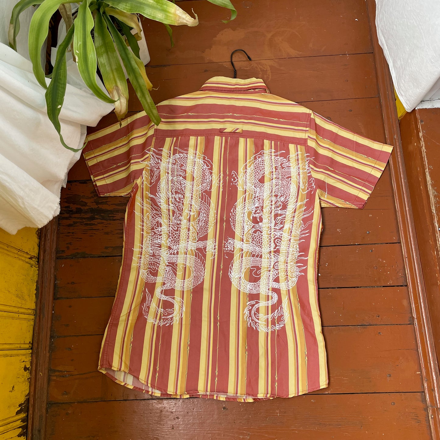 Custom Oakley Dragon Shirt – Striped Short-Sleeve with White Twin Dragon Print | Y2K Retro Streetwear 1 of 1