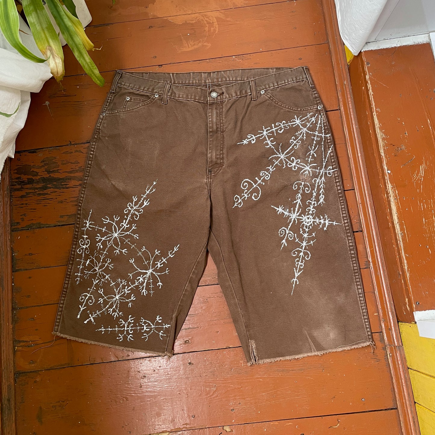 Custom Dickies Shorts – Brown Canvas with Ornamental White Art Print | 1 of 1 Streetwear Piece