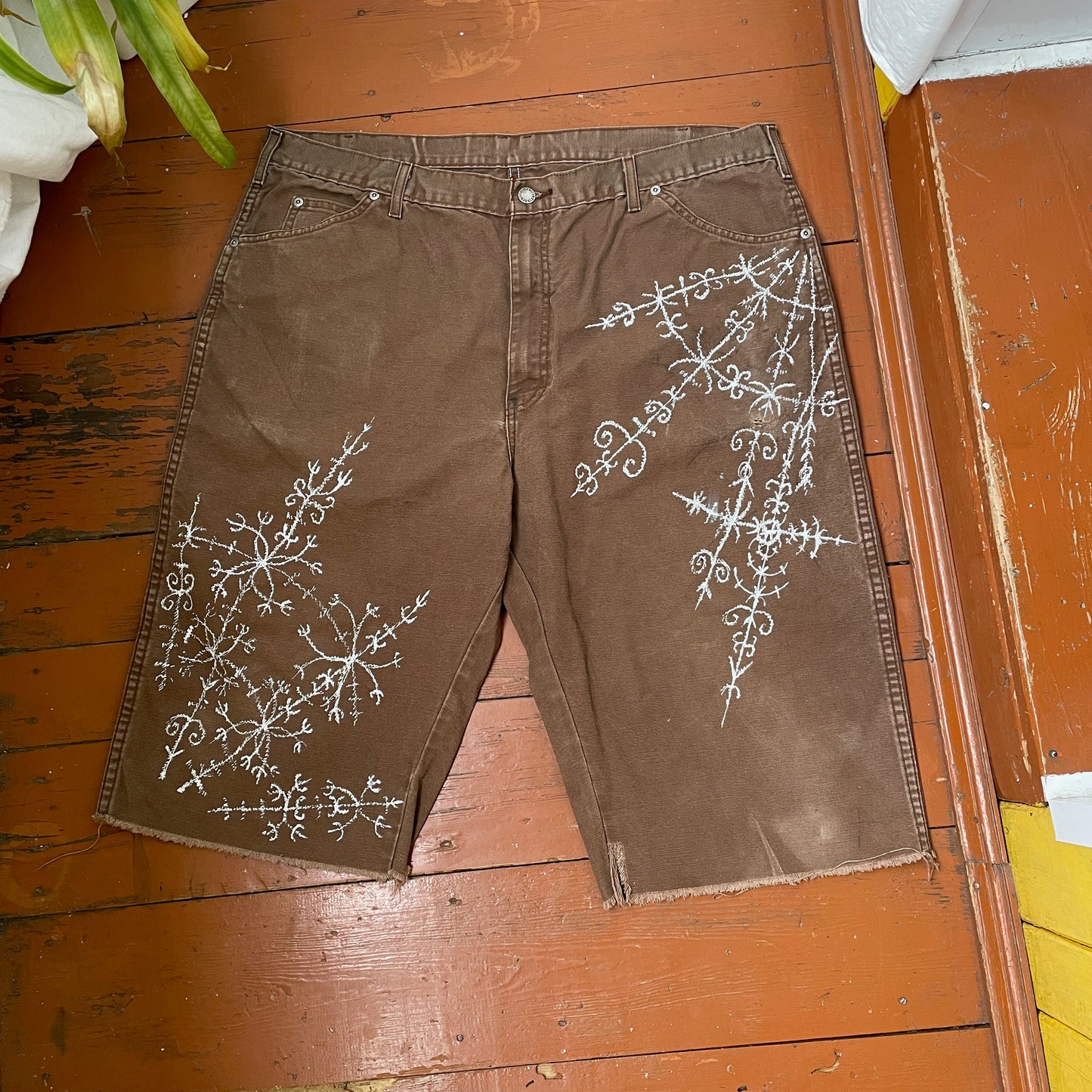 Custom Dickies Shorts – Brown Canvas with Ornamental White Art Print | 1 of 1 Streetwear Piece
