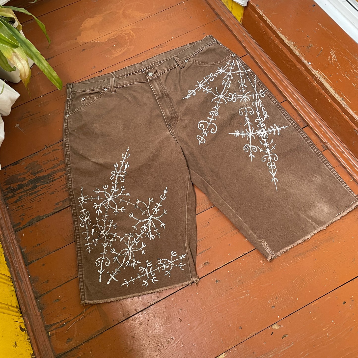 Custom Dickies Shorts – Brown Canvas with Ornamental White Art Print | 1 of 1 Streetwear Piece