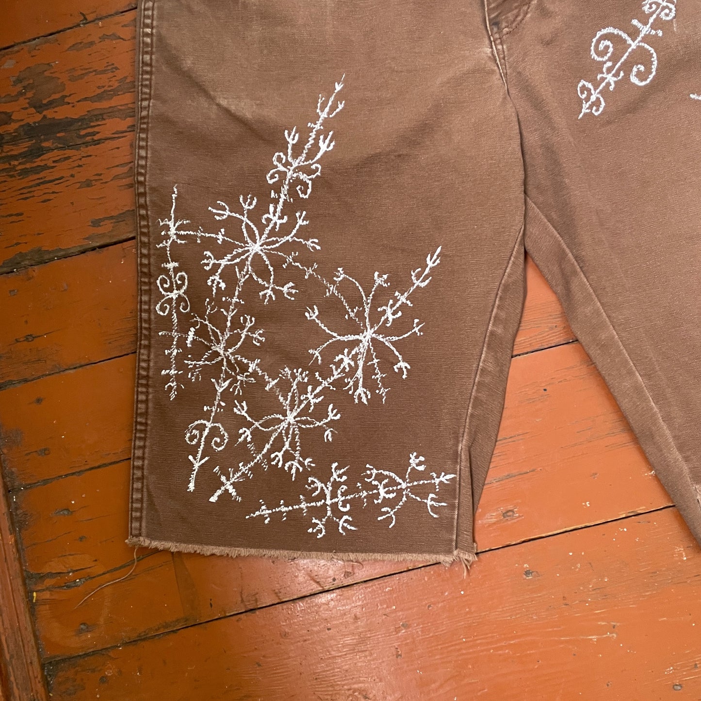 Custom Dickies Shorts – Brown Canvas with Ornamental White Art Print | 1 of 1 Streetwear Piece