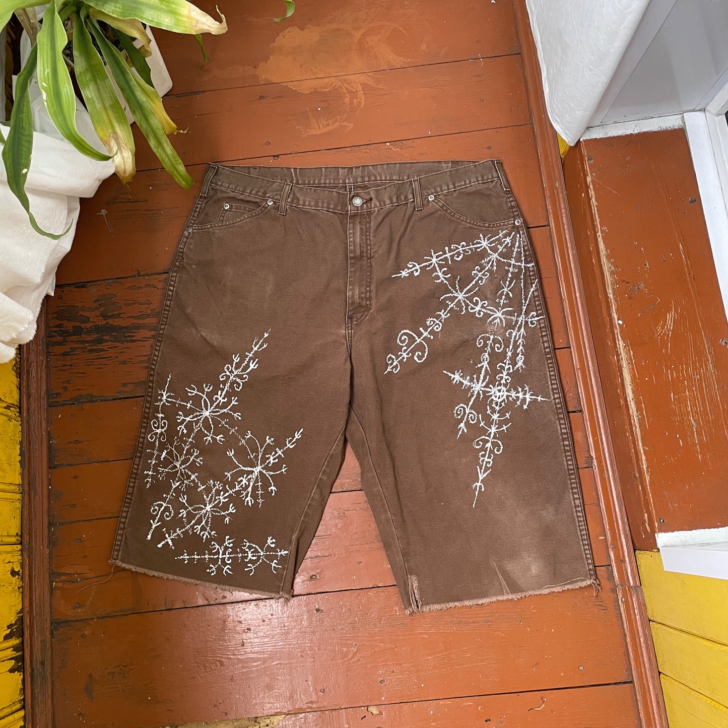 Custom Dickies Shorts – Brown Canvas with Ornamental White Art Print | 1 of 1 Streetwear Piece