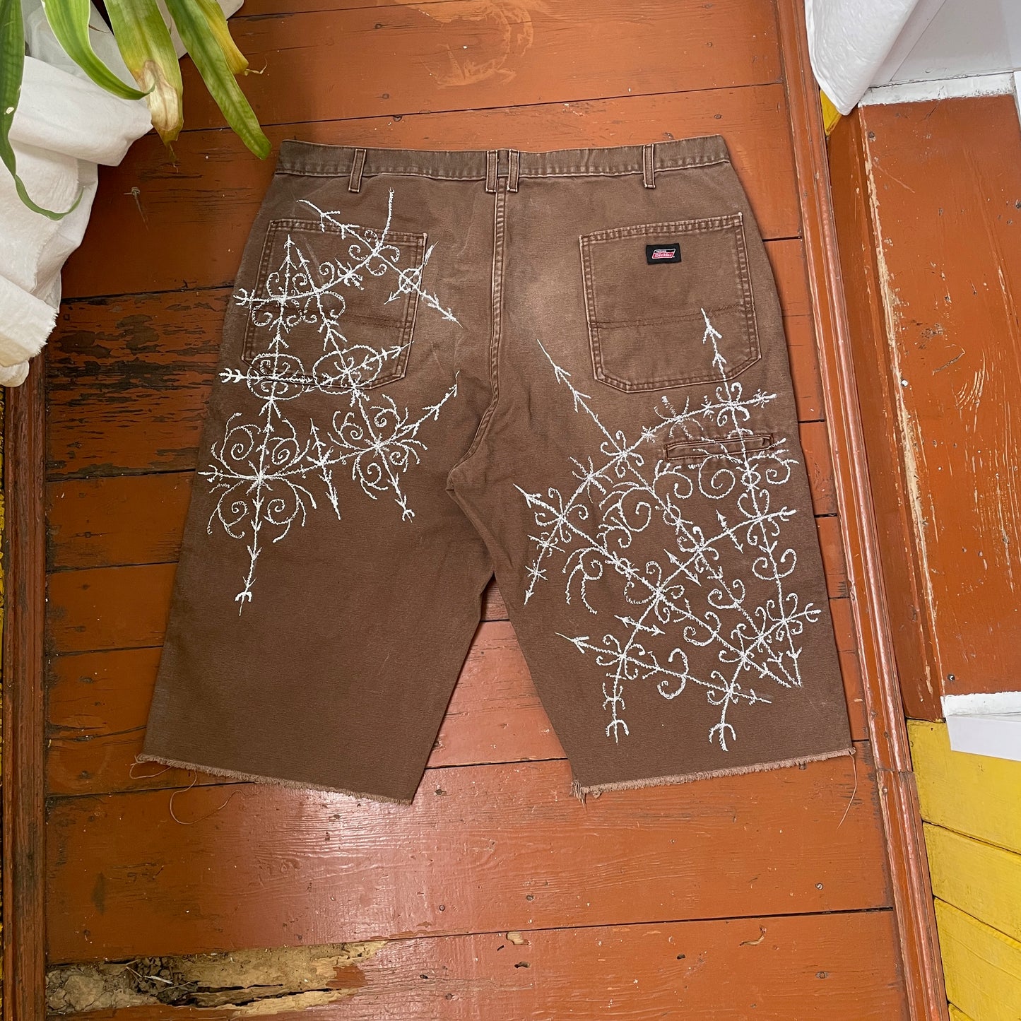 Custom Dickies Shorts – Brown Canvas with Ornamental White Art Print | 1 of 1 Streetwear Piece