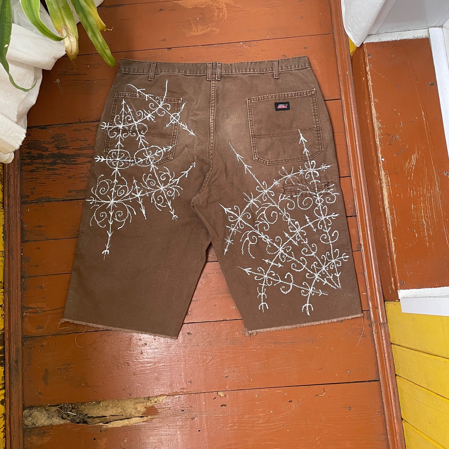 Custom Dickies Shorts – Brown Canvas with Ornamental White Art Print | 1 of 1 Streetwear Piece
