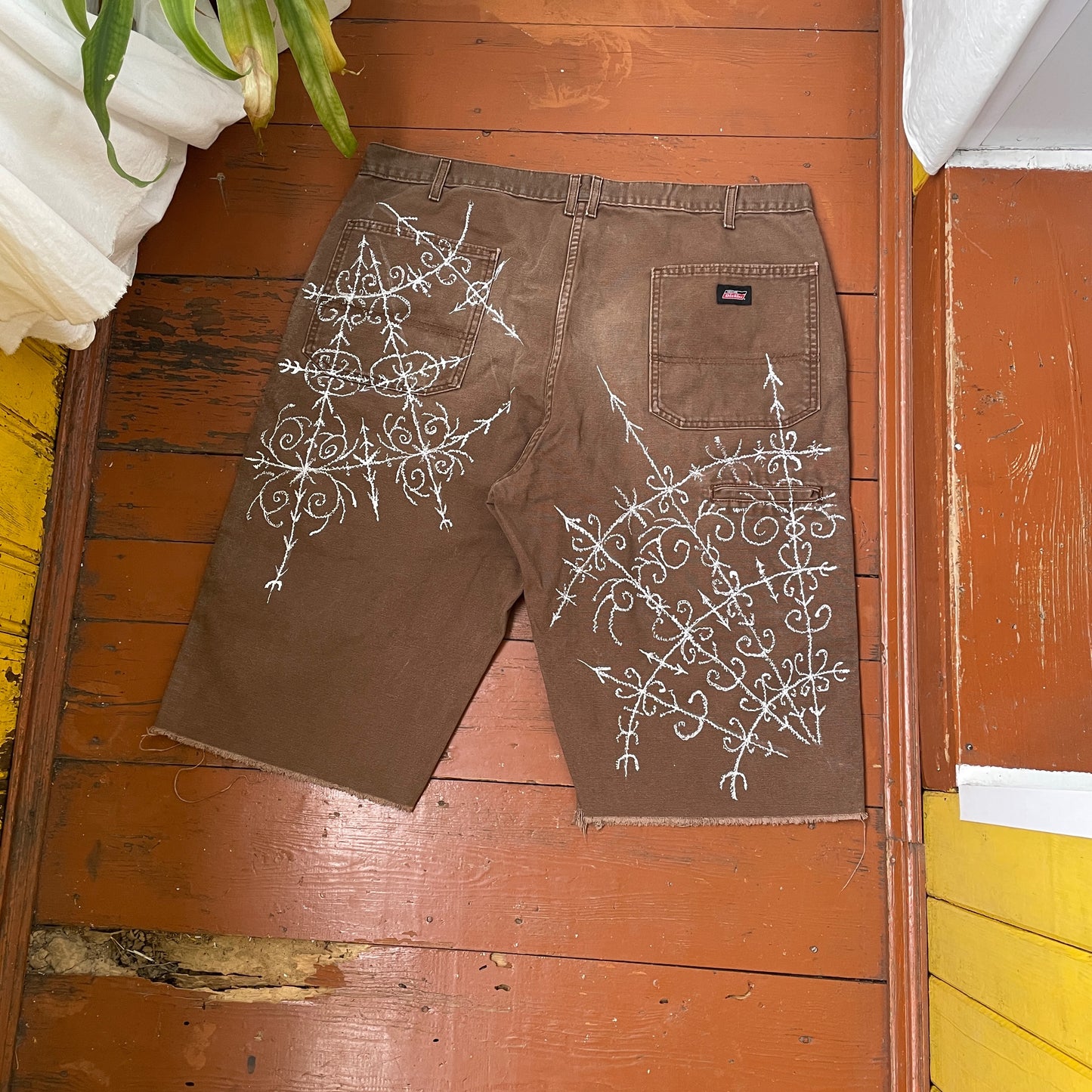 Custom Dickies Shorts – Brown Canvas with Ornamental White Art Print | 1 of 1 Streetwear Piece