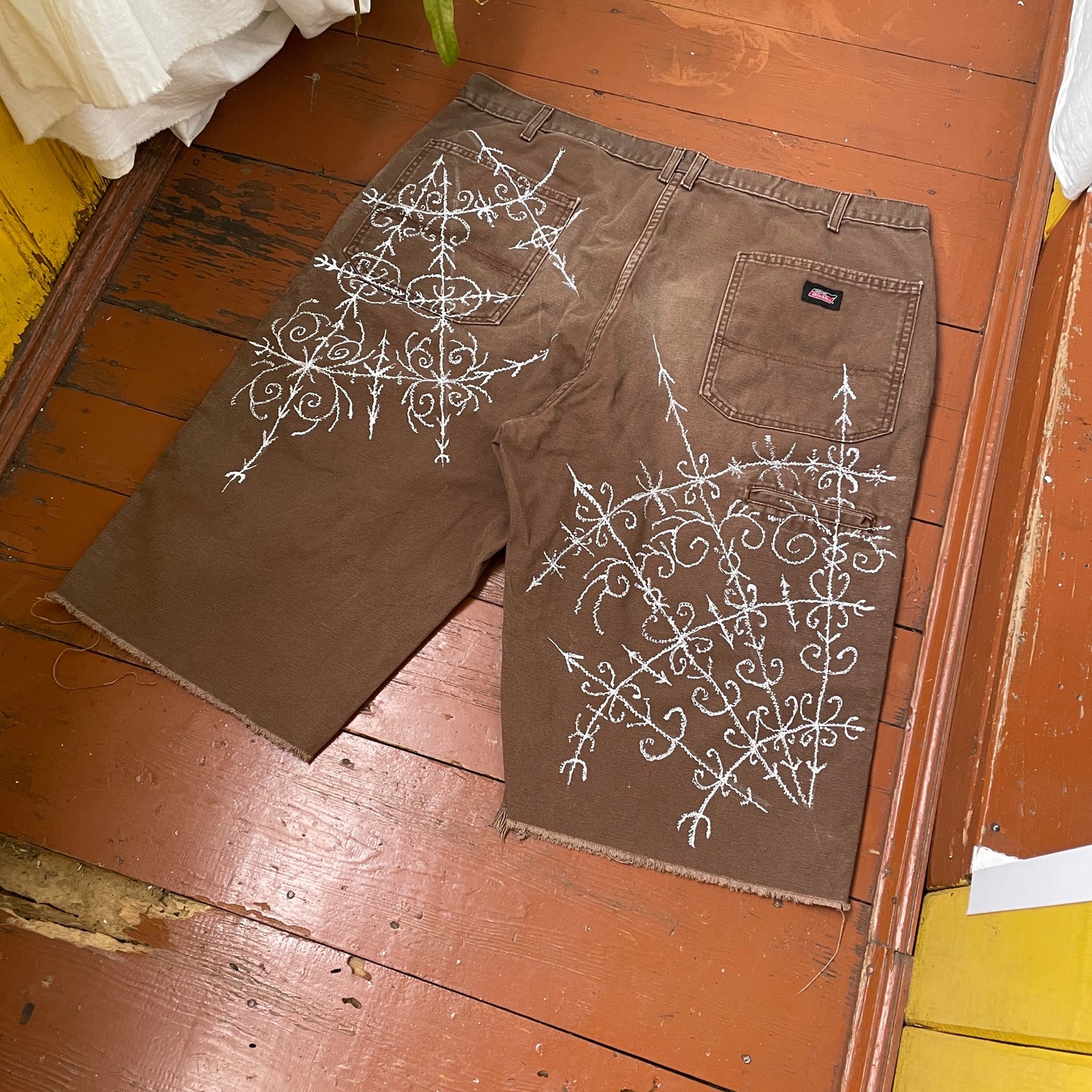 Custom Dickies Shorts – Brown Canvas with Ornamental White Art Print | 1 of 1 Streetwear Piece