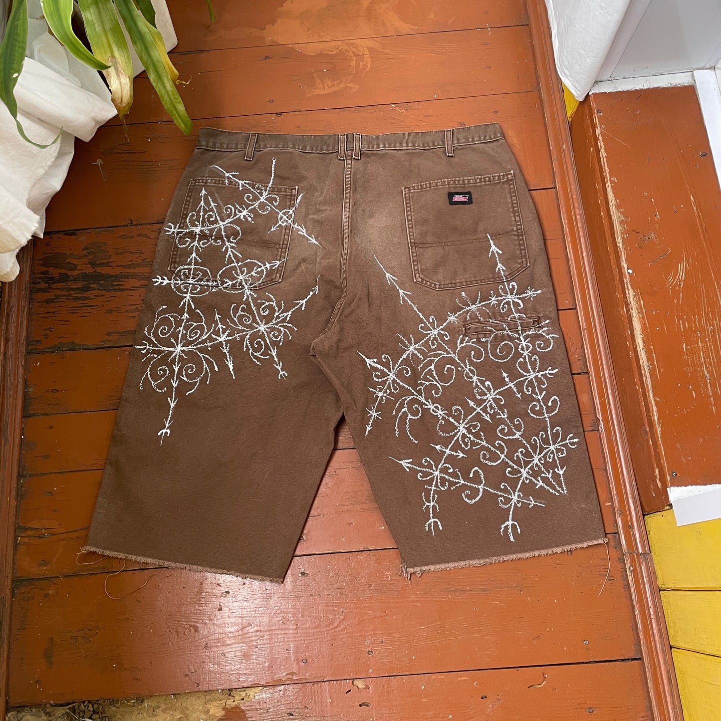 Custom Dickies Shorts – Brown Canvas with Ornamental White Art Print | 1 of 1 Streetwear Piece