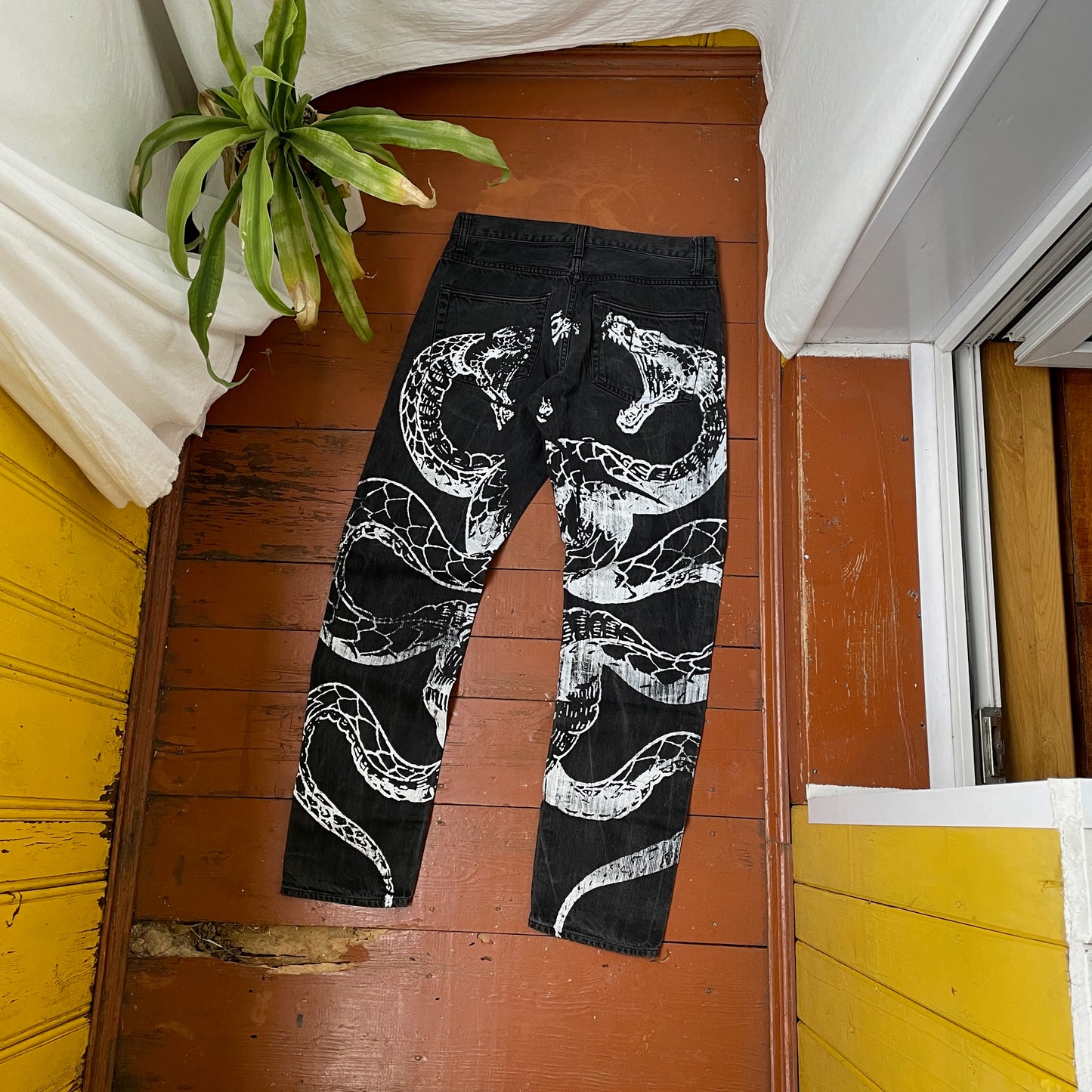 Custom Carhartt Snake Jeans – White Serpent Print on Black Denim | Alt Streetwear 1 of 1 Reworked Pants