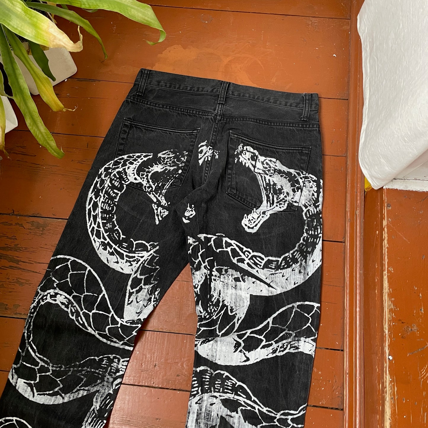 Custom Carhartt Snake Jeans – White Serpent Print on Black Denim | Alt Streetwear 1 of 1 Reworked Pants