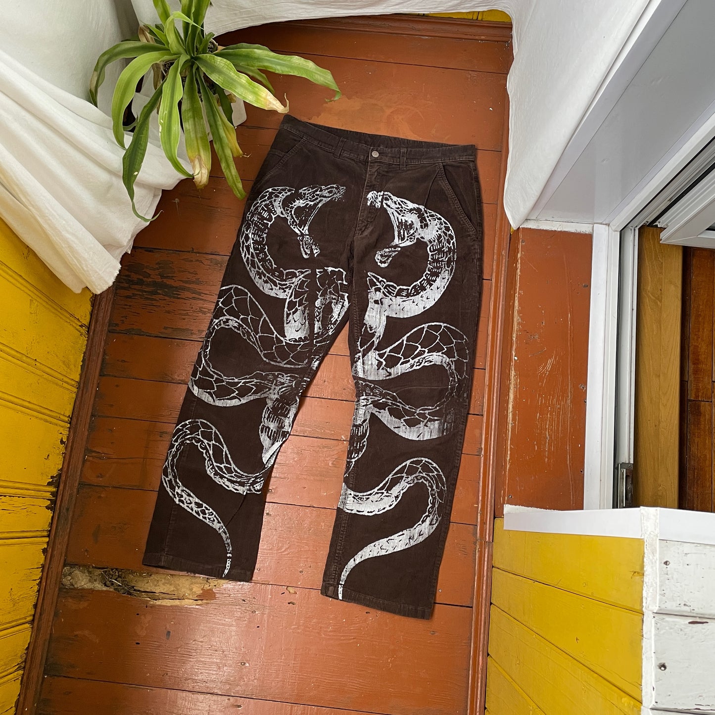 Custom Snake Print Corduroy Pants – Handprinted White Serpent Art on Dark Brown | 1 of 1 Alt Streetwear Rework