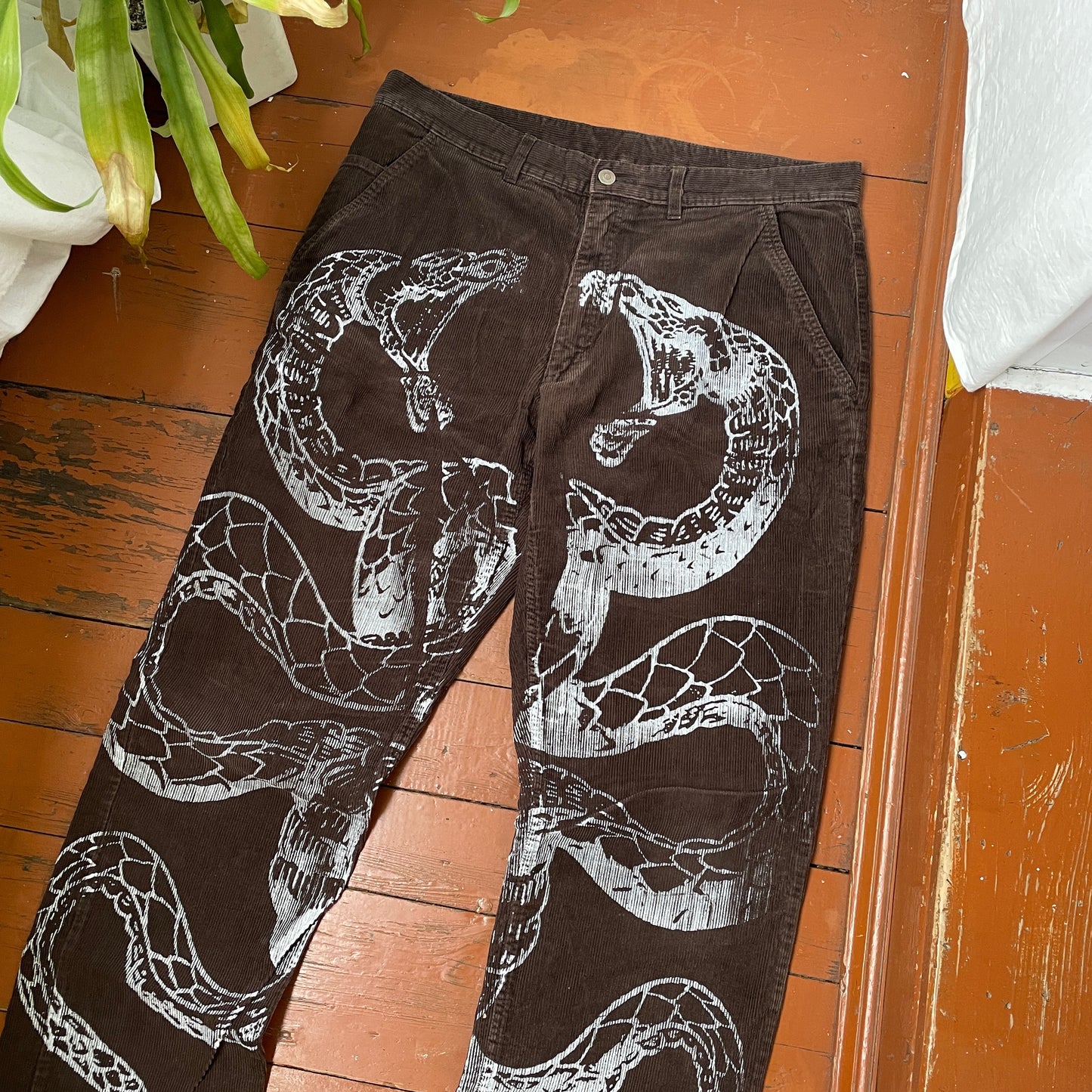 Custom Snake Print Corduroy Pants – Handprinted White Serpent Art on Dark Brown | 1 of 1 Alt Streetwear Rework