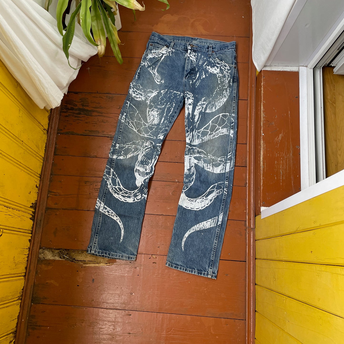 Custom Dickies Snake Jeans – Bleached Serpent Print Denim | Y2K Alt Streetwear 1 of 1 Vintage Grunge Pants