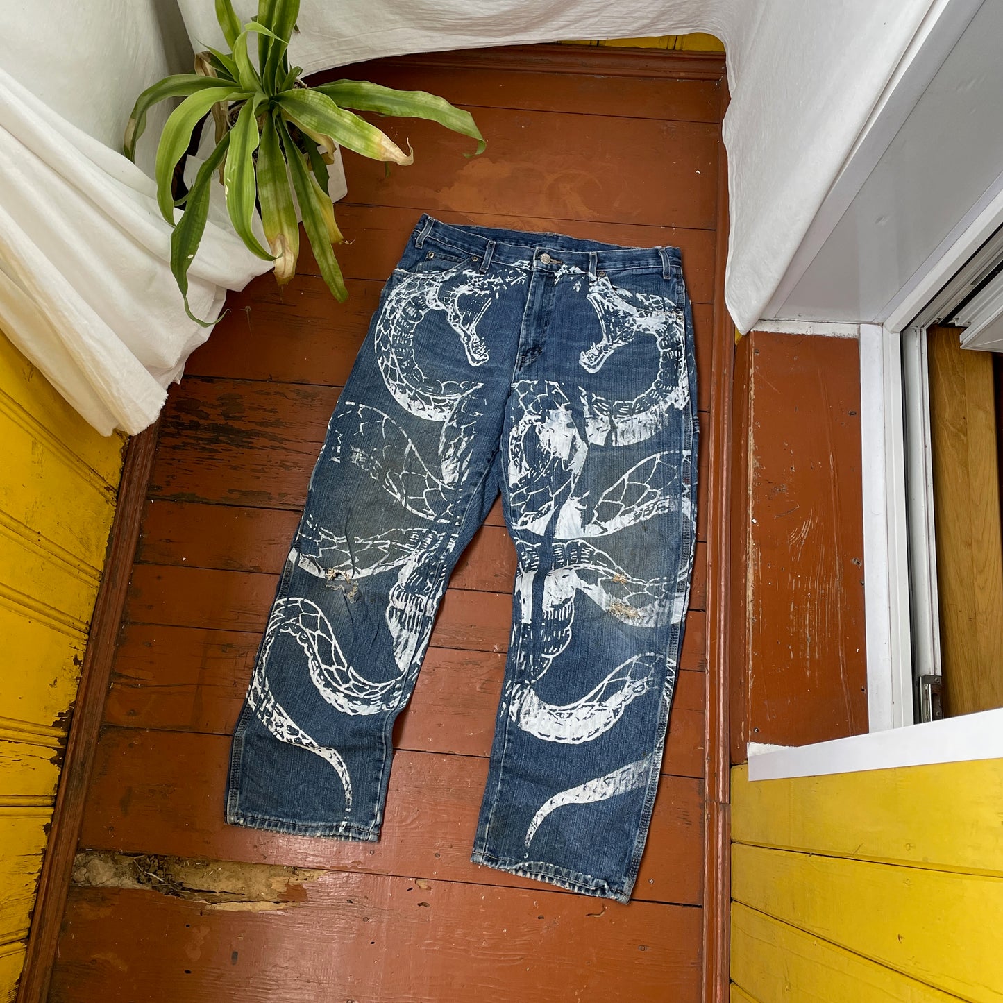 Custom Dickies Snake Jeans – White Cobra Print on Distressed Denim | Vintage Workwear Reworked 1 of 1