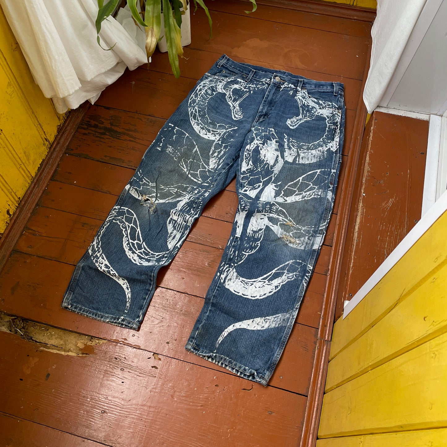 Custom Dickies Snake Jeans – White Cobra Print on Distressed Denim | Vintage Workwear Reworked 1 of 1