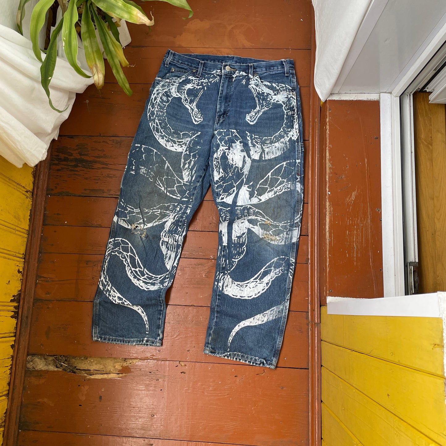 Custom Dickies Snake Jeans – White Cobra Print on Distressed Denim | Vintage Workwear Reworked 1 of 1