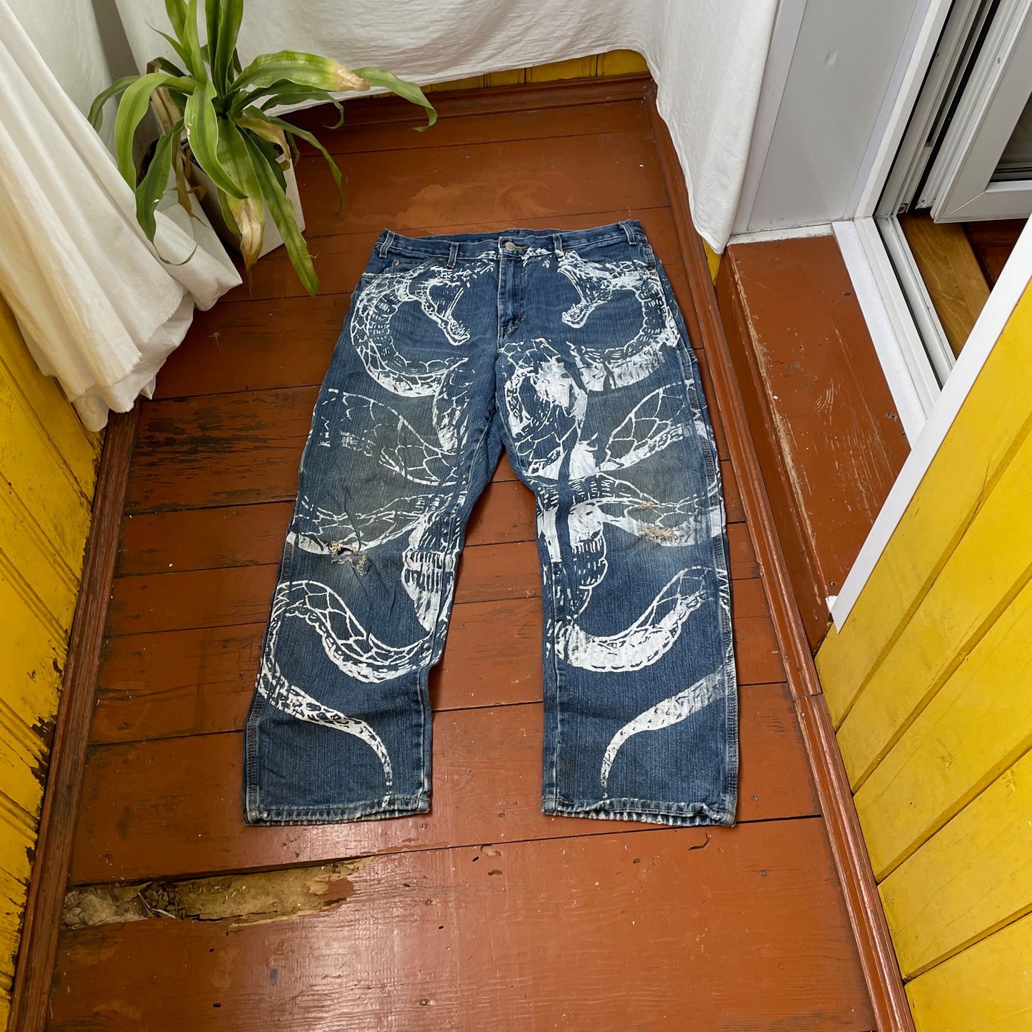 Custom Dickies Snake Jeans – White Cobra Print on Distressed Denim | Vintage Workwear Reworked 1 of 1