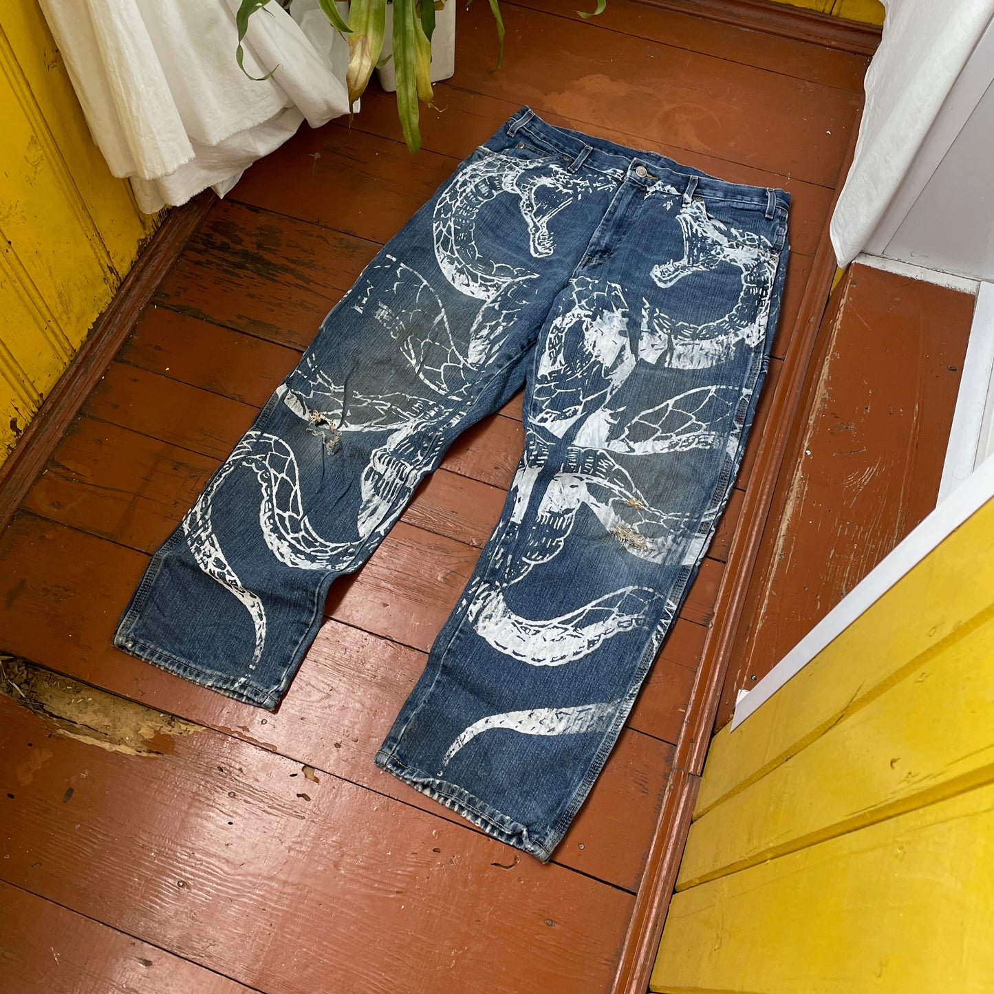 Custom Dickies Snake Jeans – White Cobra Print on Distressed Denim | Vintage Workwear Reworked 1 of 1