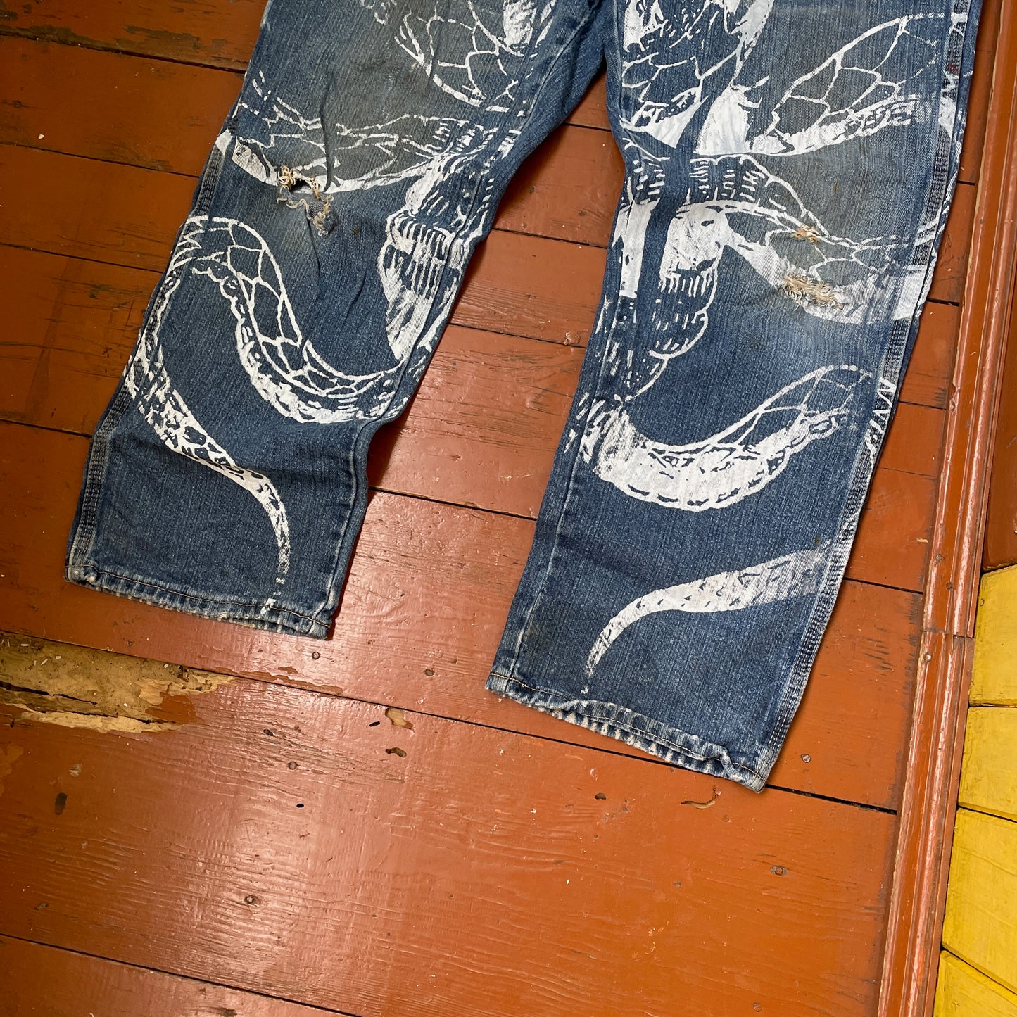 Custom Dickies Snake Jeans – White Cobra Print on Distressed Denim | Vintage Workwear Reworked 1 of 1