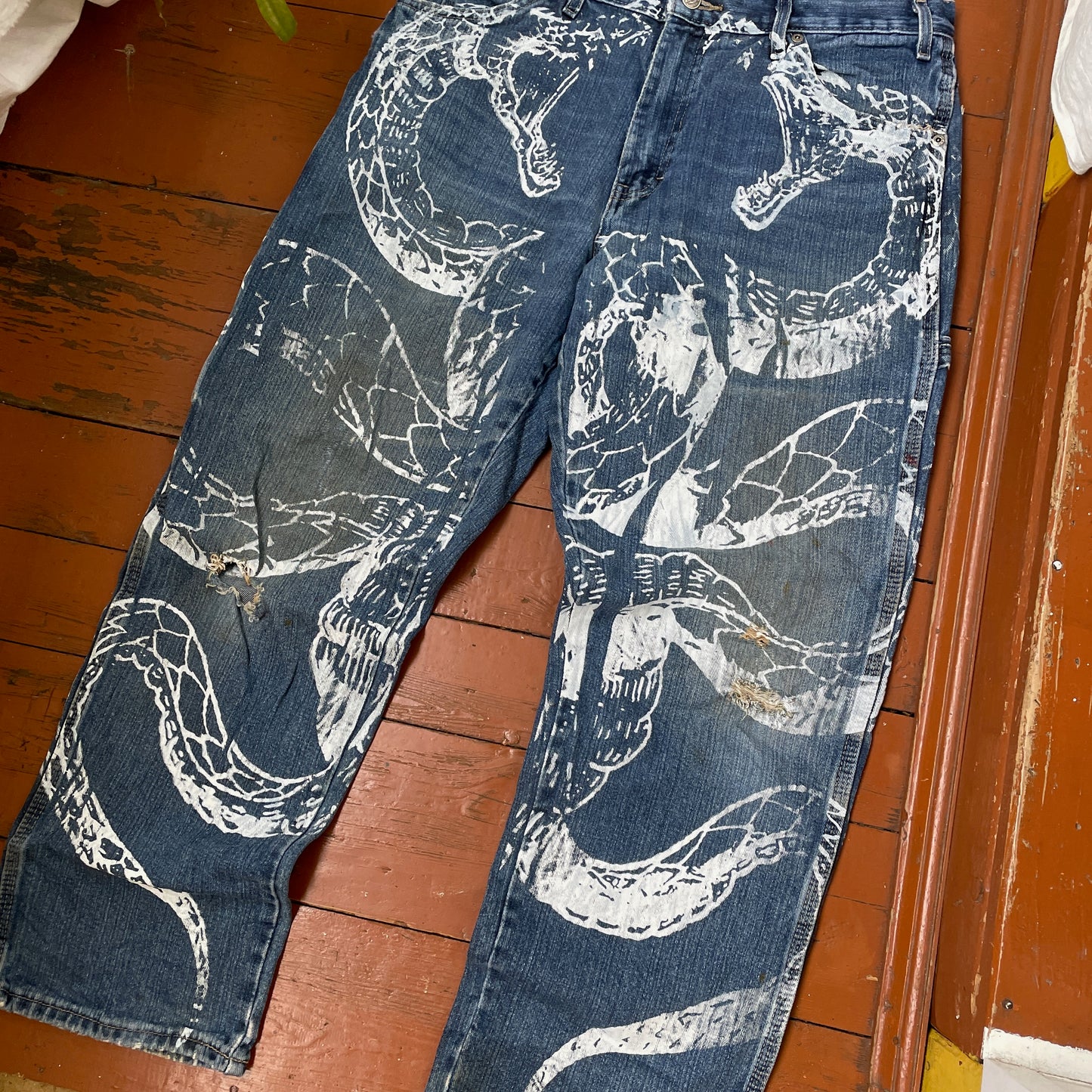 Custom Dickies Snake Jeans – White Cobra Print on Distressed Denim | Vintage Workwear Reworked 1 of 1