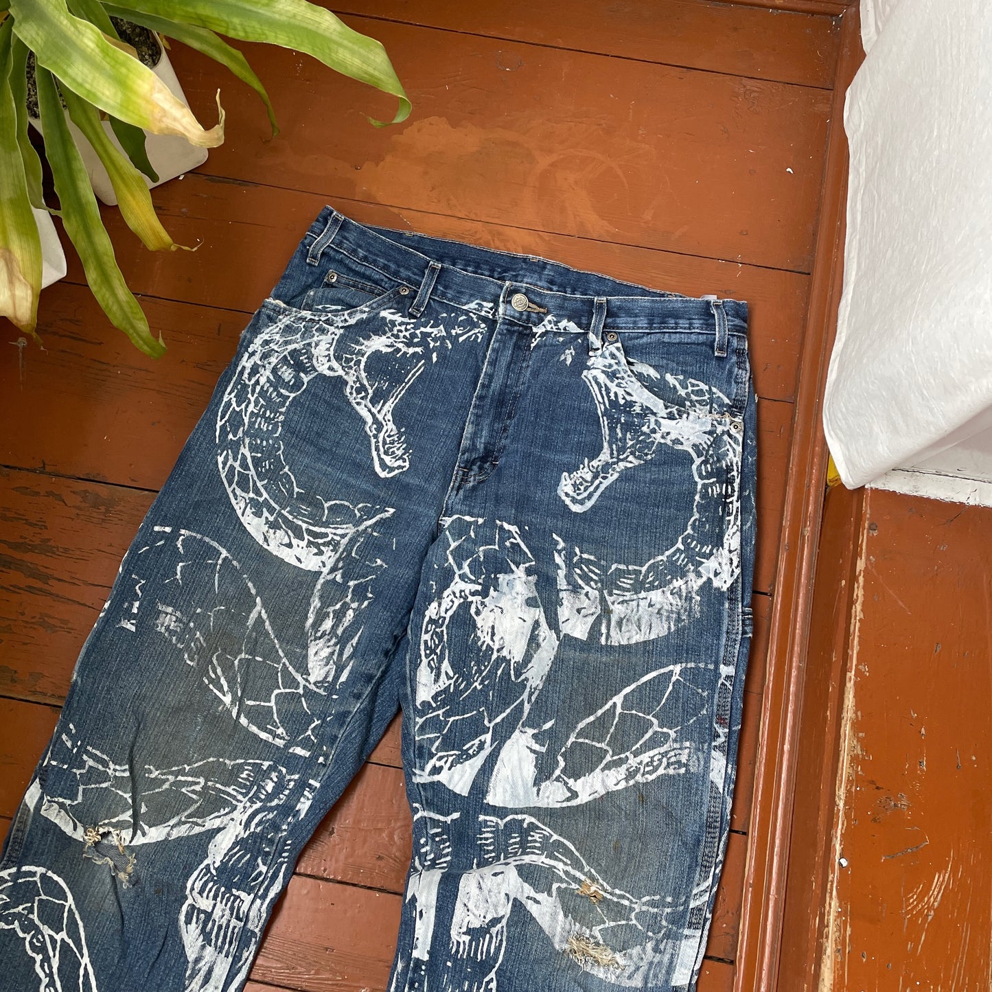 Custom Dickies Snake Jeans – White Cobra Print on Distressed Denim | Vintage Workwear Reworked 1 of 1