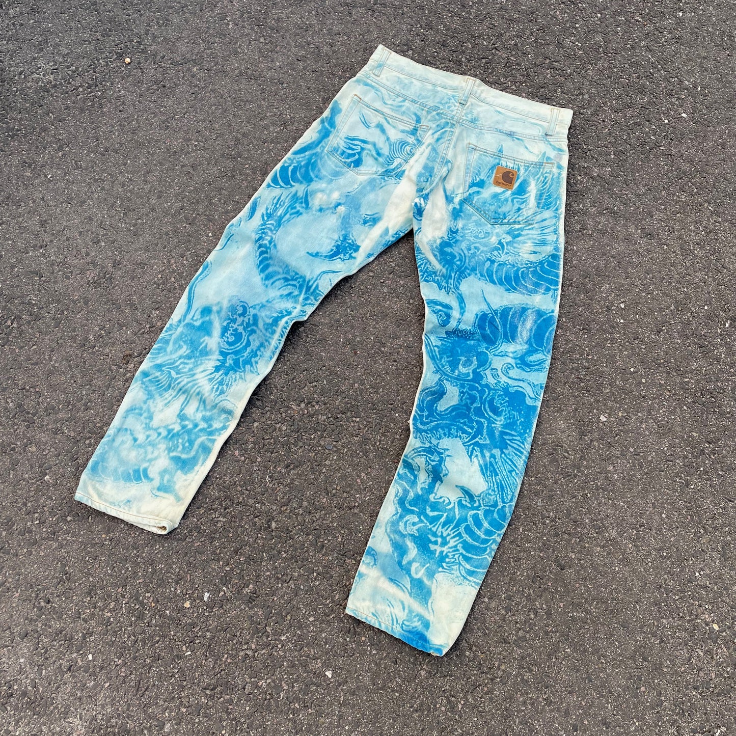 Custom Carhartt Dragon Jeans – Washed Blue Dragon Art | Vintage Workwear 1 of 1
