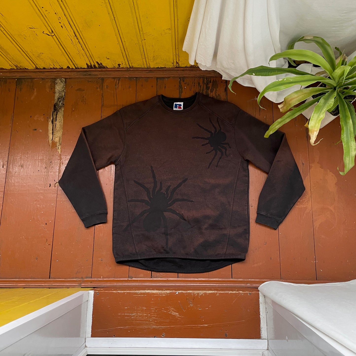 Custom Russell Spider Crewneck – Hand-Printed Black Tarantula on Bleached Faded Sweatshirt | Vintage Fit