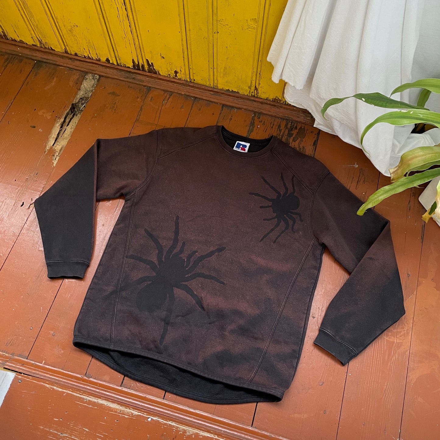 Custom Russell Spider Crewneck – Hand-Printed Black Tarantula on Bleached Faded Sweatshirt | Vintage Fit