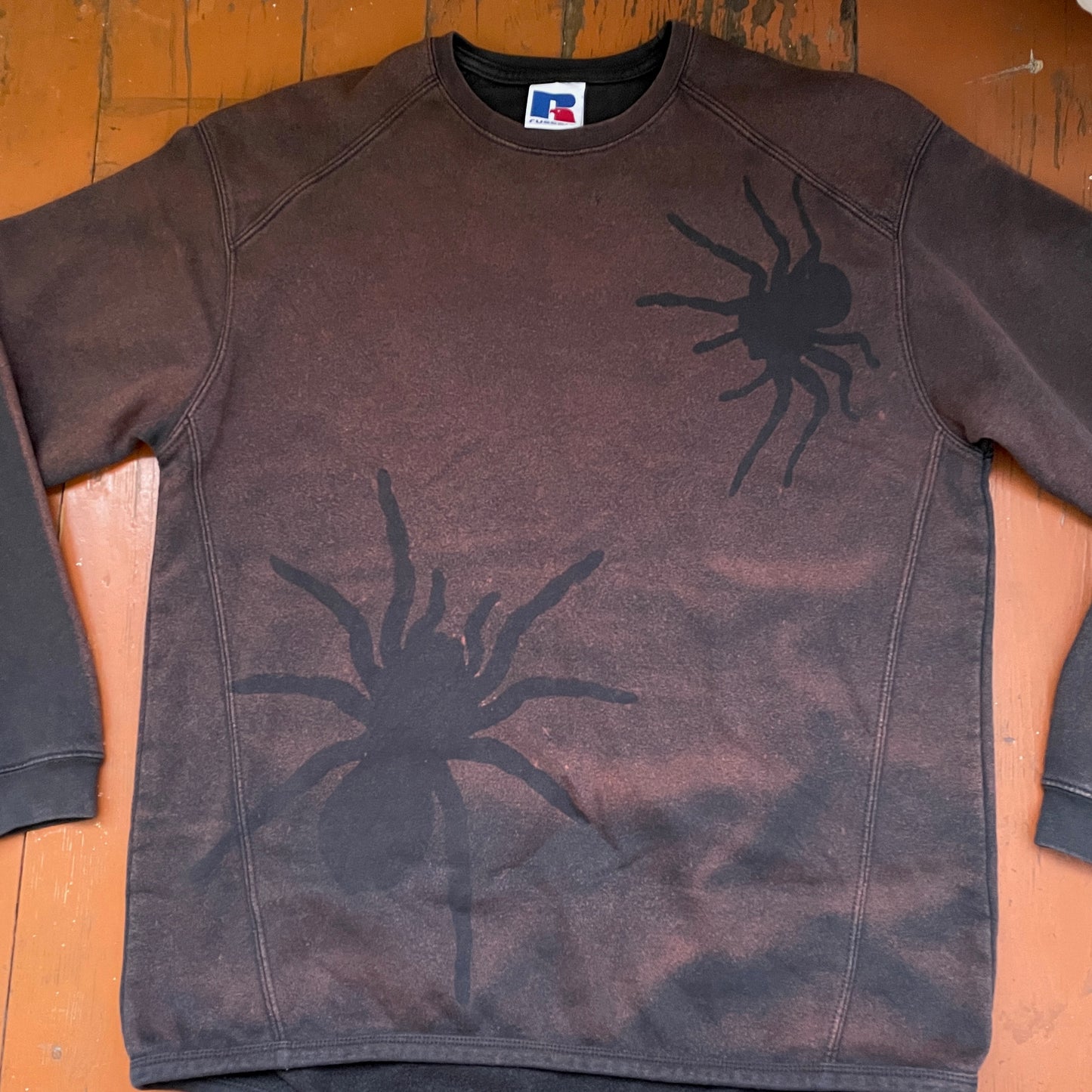 Custom Russell Spider Crewneck – Hand-Printed Black Tarantula on Bleached Faded Sweatshirt | Vintage Fit