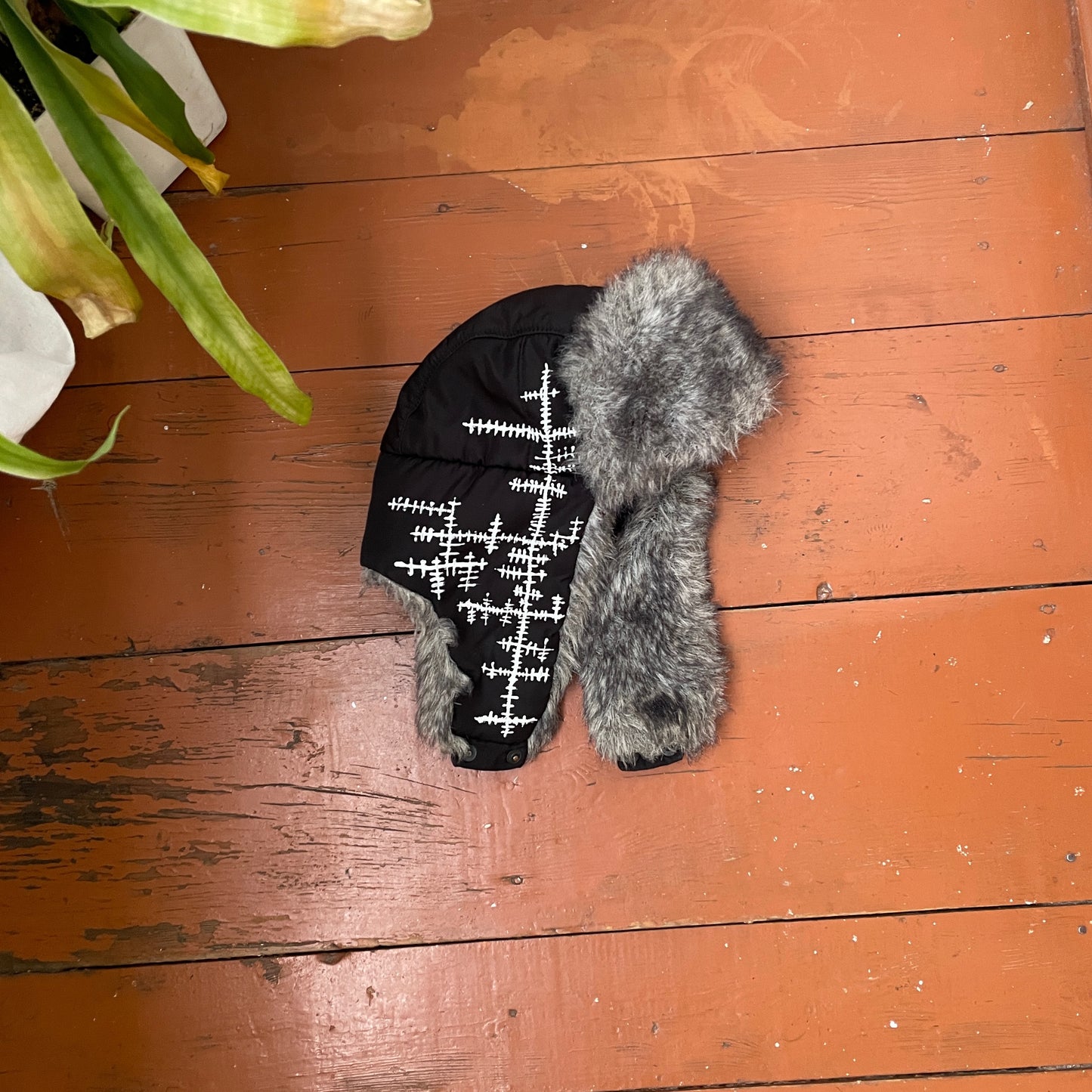 Custom Crosswork Trapper Hat – Black Winter Hat with White Print & Faux Fur | Y2K Alt Streetwear 1 of 1