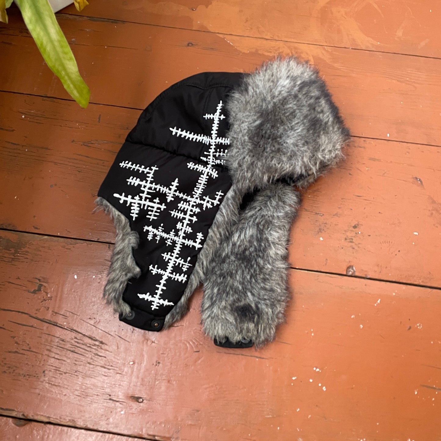 Custom Crosswork Trapper Hat – Black Winter Hat with White Print & Faux Fur | Y2K Alt Streetwear 1 of 1