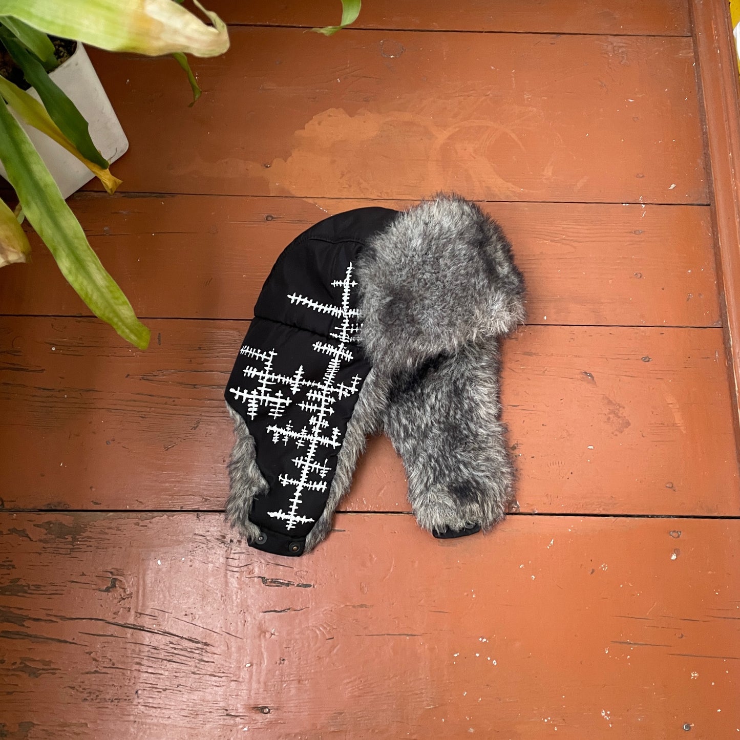 Custom Crosswork Trapper Hat – Black Winter Hat with White Print & Faux Fur | Y2K Alt Streetwear 1 of 1