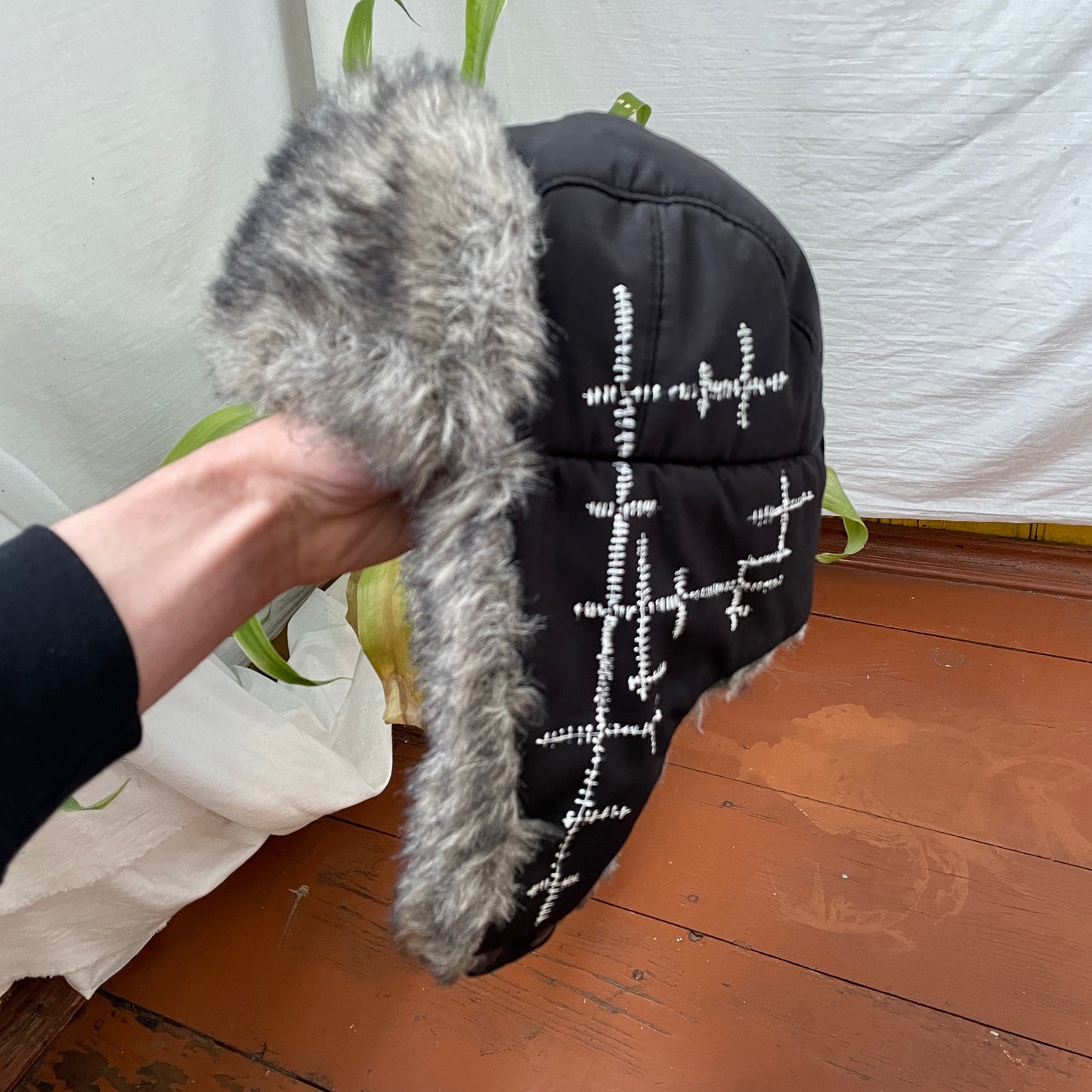 Custom Crosswork Trapper Hat – Black Winter Hat with White Print & Faux Fur | Y2K Alt Streetwear 1 of 1