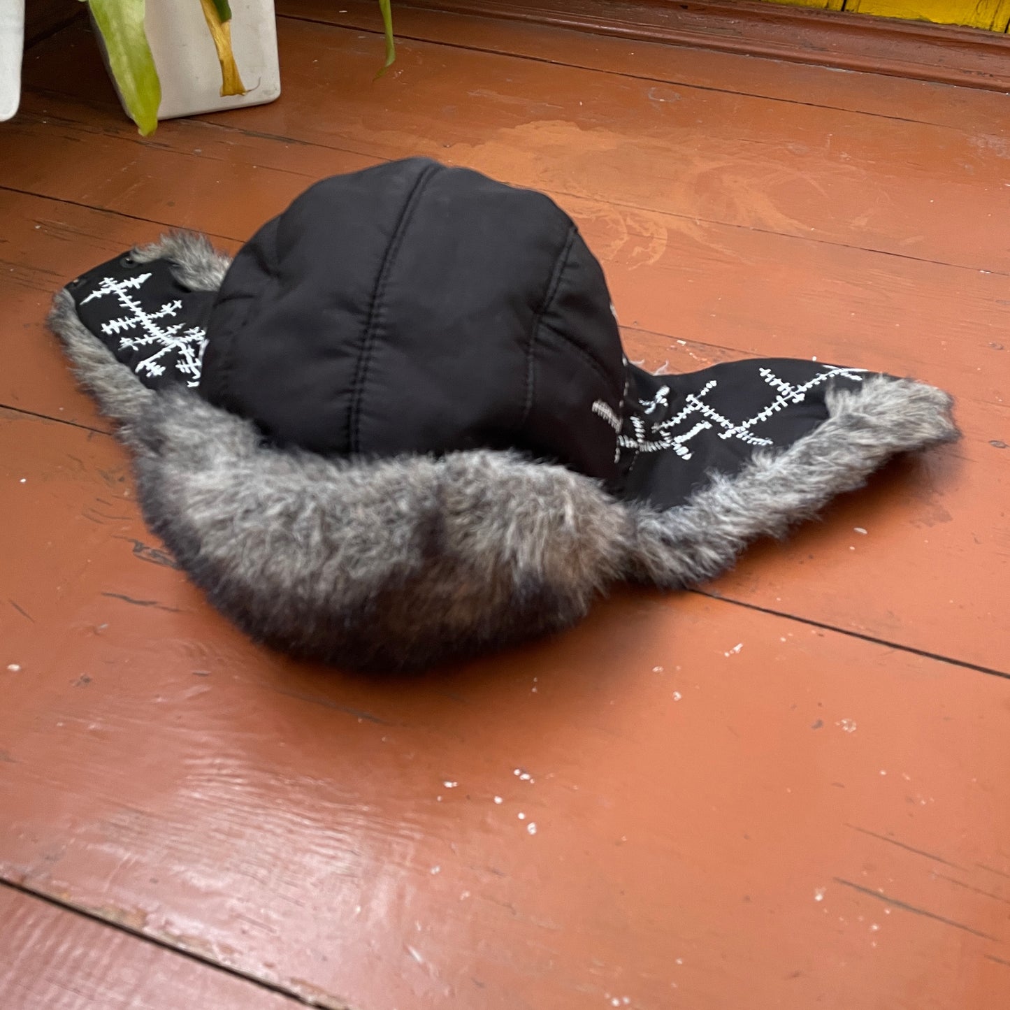 Custom Crosswork Trapper Hat – Black Winter Hat with White Print & Faux Fur | Y2K Alt Streetwear 1 of 1