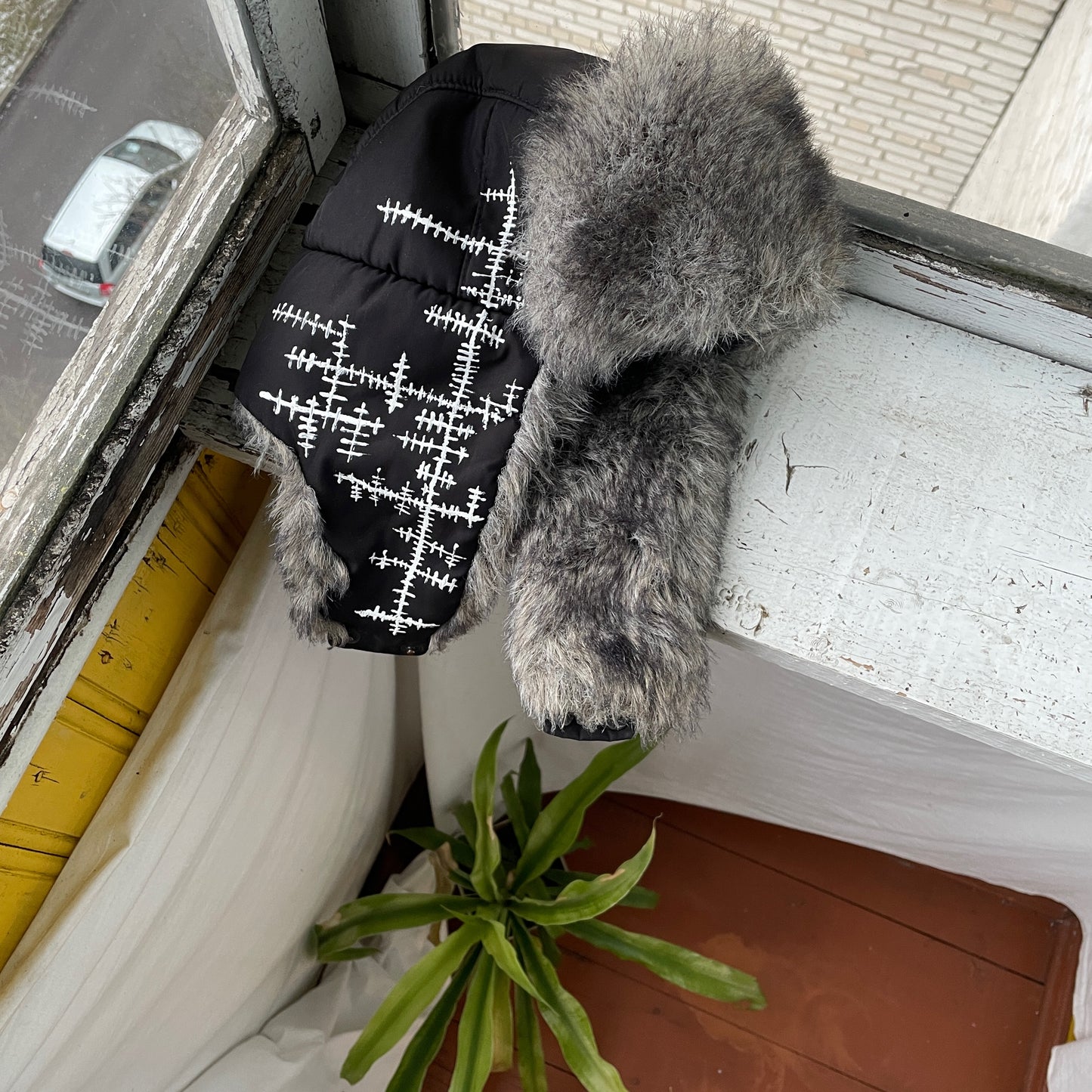 Custom Crosswork Trapper Hat – Black Winter Hat with White Print & Faux Fur | Y2K Alt Streetwear 1 of 1