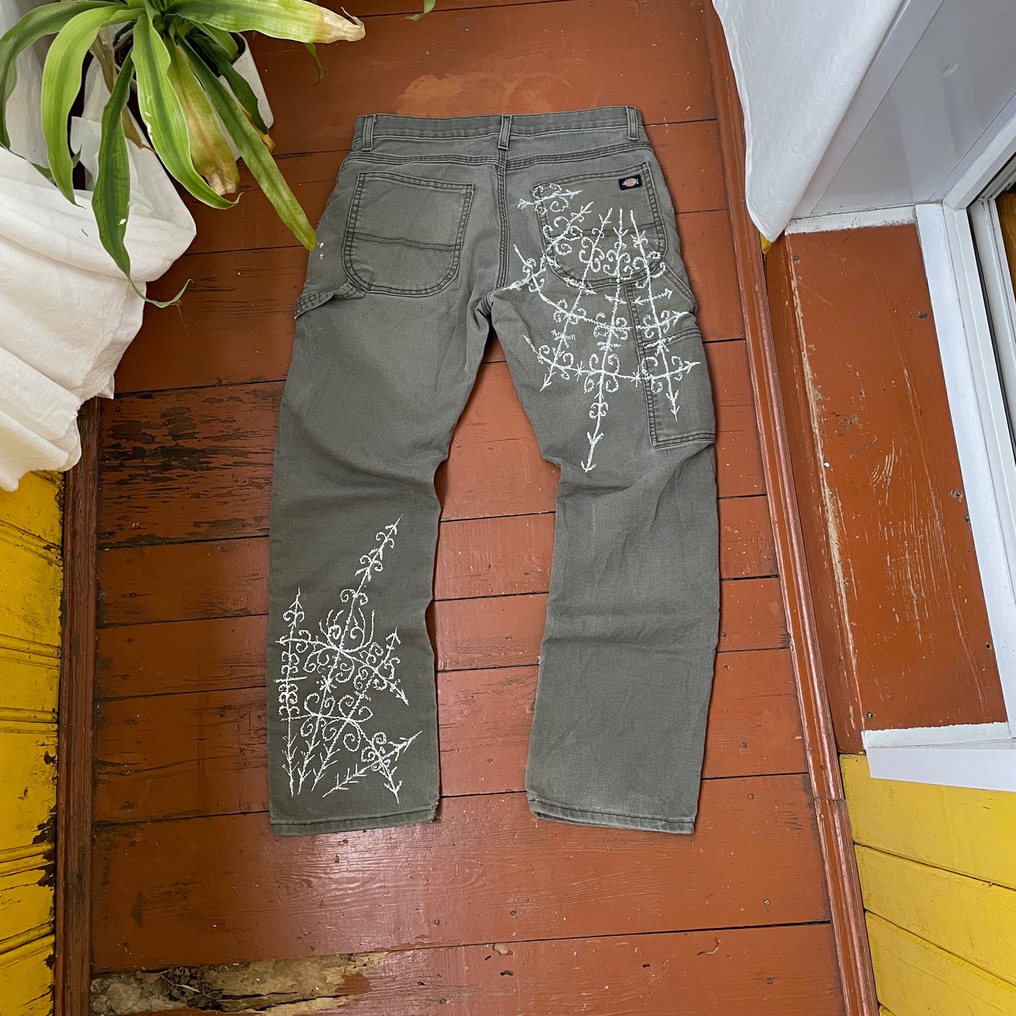 Custom Dickies Crosswork Pants – Handprinted White Graphic on Grey | Vintage Workwear Y2K Alt Streetwear 1 of 1