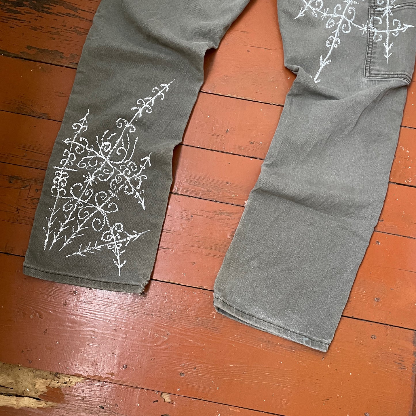 Custom Dickies Crosswork Pants – Handprinted White Graphic on Grey | Vintage Workwear Y2K Alt Streetwear 1 of 1