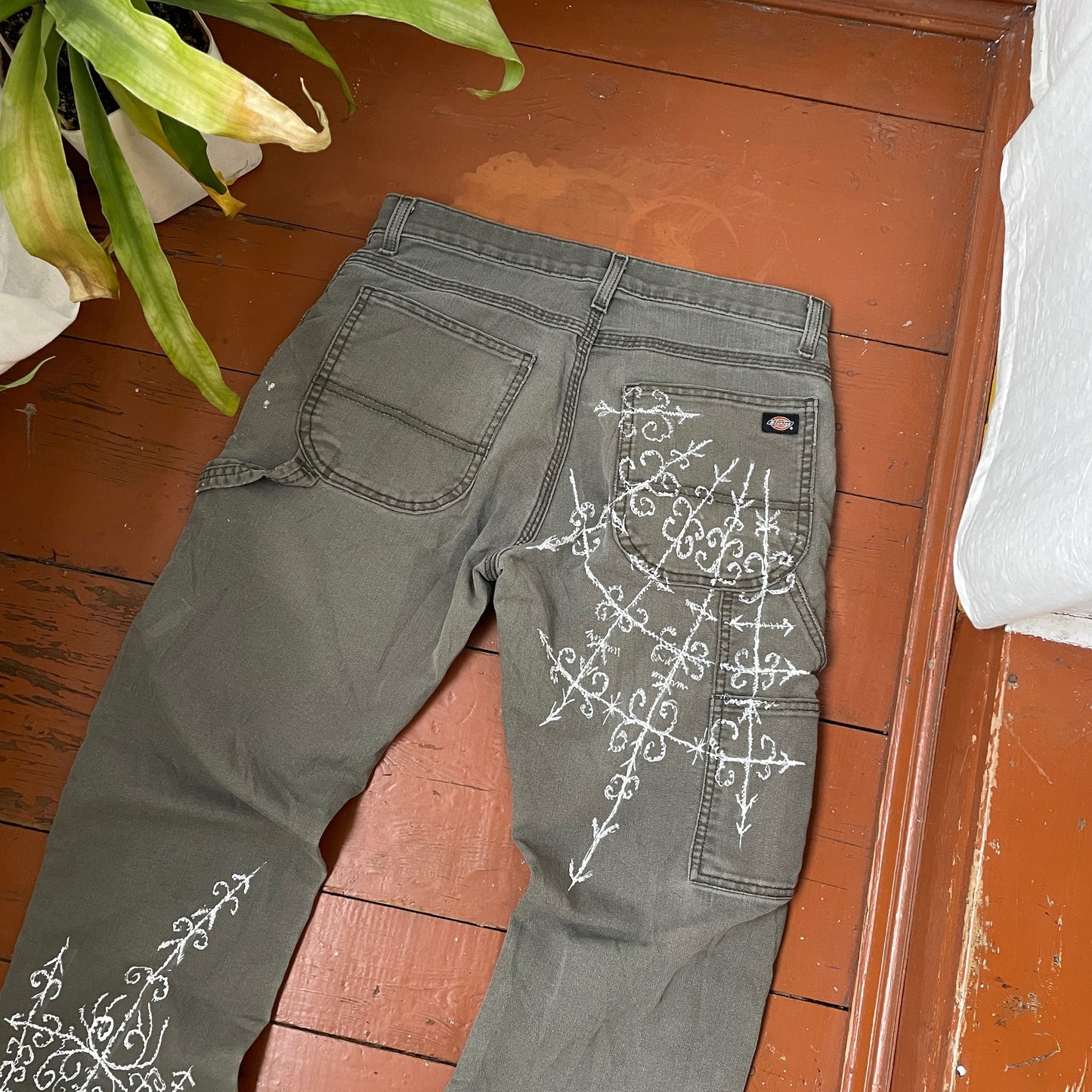 Custom Dickies Crosswork Pants – Handprinted White Graphic on Grey | Vintage Workwear Y2K Alt Streetwear 1 of 1