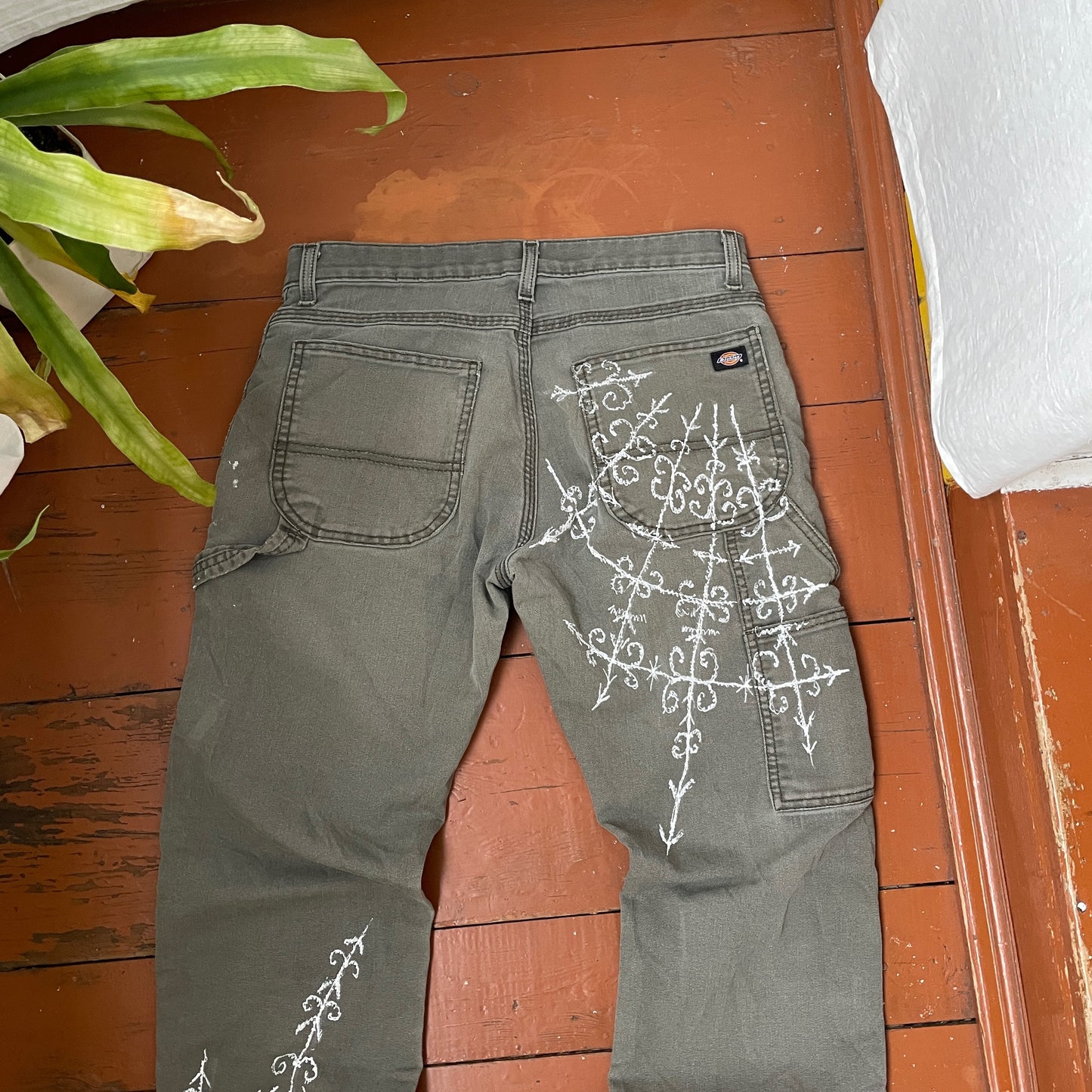 Custom Dickies Crosswork Pants – Handprinted White Graphic on Grey | Vintage Workwear Y2K Alt Streetwear 1 of 1
