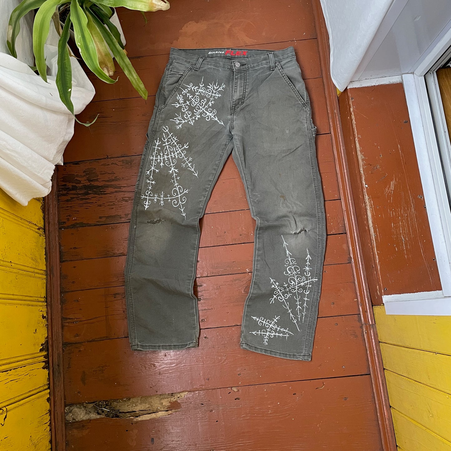 Custom Dickies Crosswork Pants – Handprinted White Graphic on Grey | Vintage Workwear Y2K Alt Streetwear 1 of 1