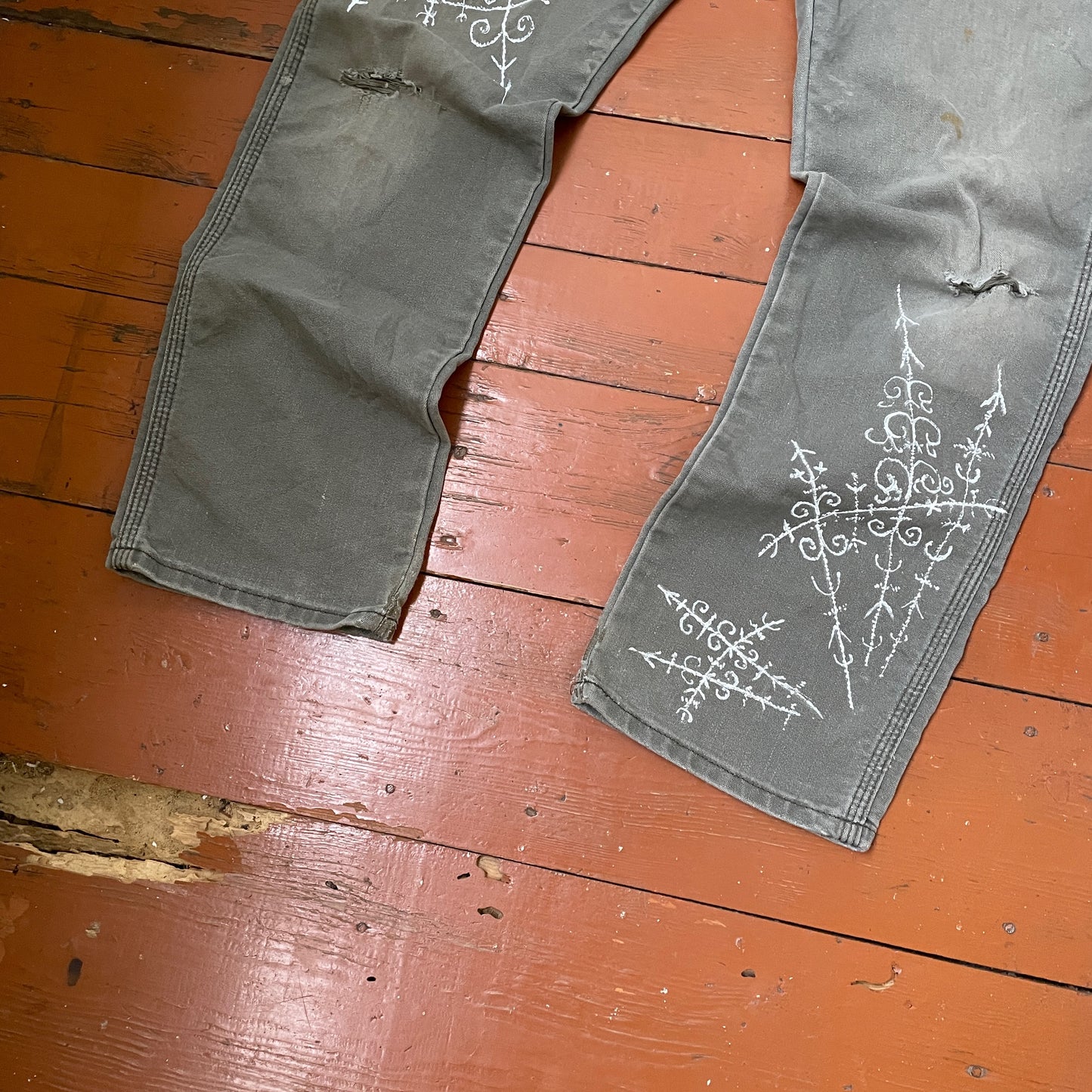 Custom Dickies Crosswork Pants – Handprinted White Graphic on Grey | Vintage Workwear Y2K Alt Streetwear 1 of 1