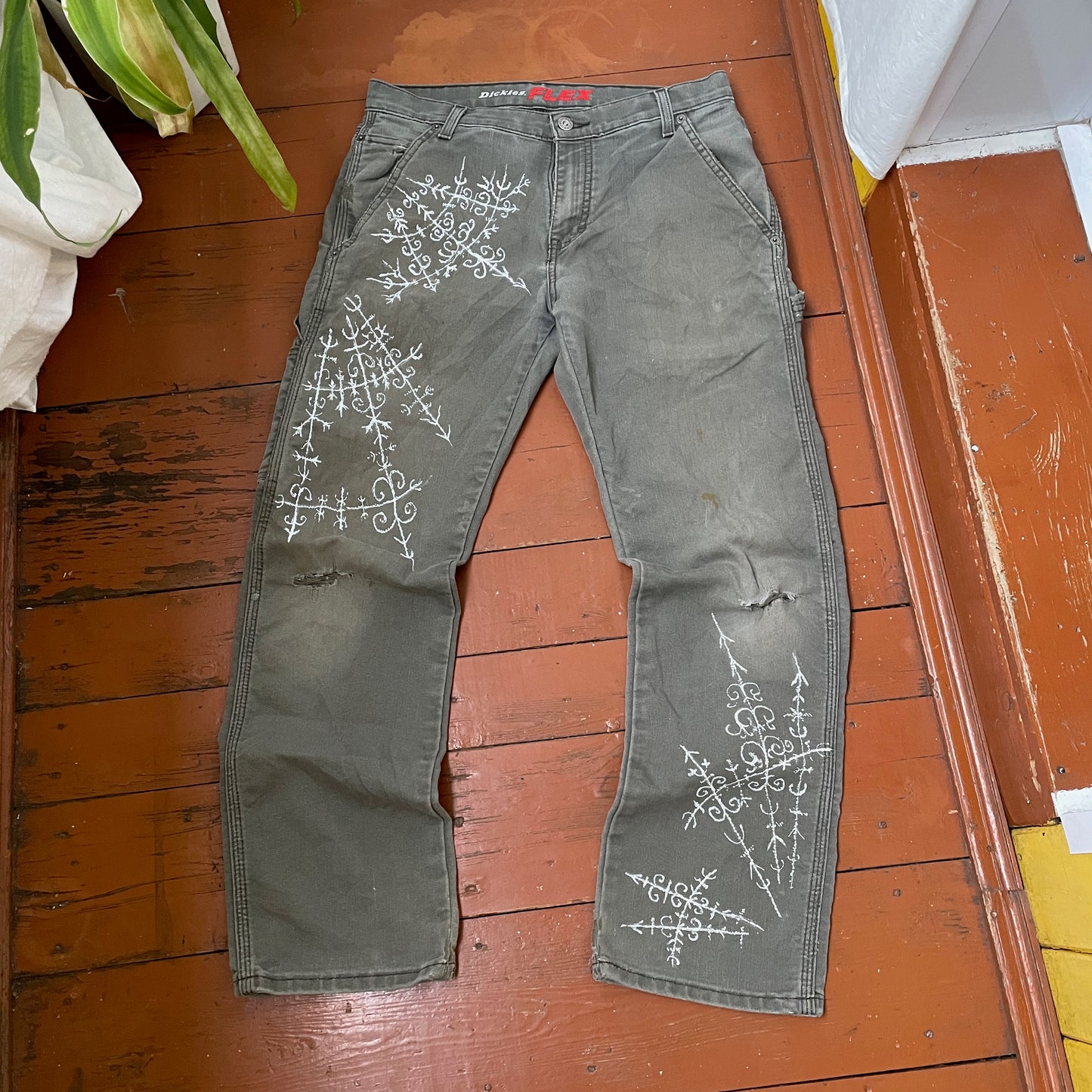 Custom Dickies Crosswork Pants – Handprinted White Graphic on Grey | Vintage Workwear Y2K Alt Streetwear 1 of 1