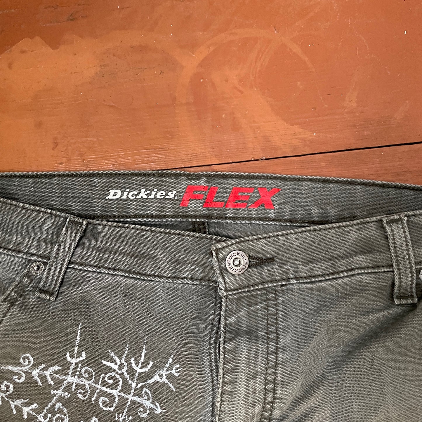 Custom Dickies Crosswork Pants – Handprinted White Graphic on Grey | Vintage Workwear Y2K Alt Streetwear 1 of 1
