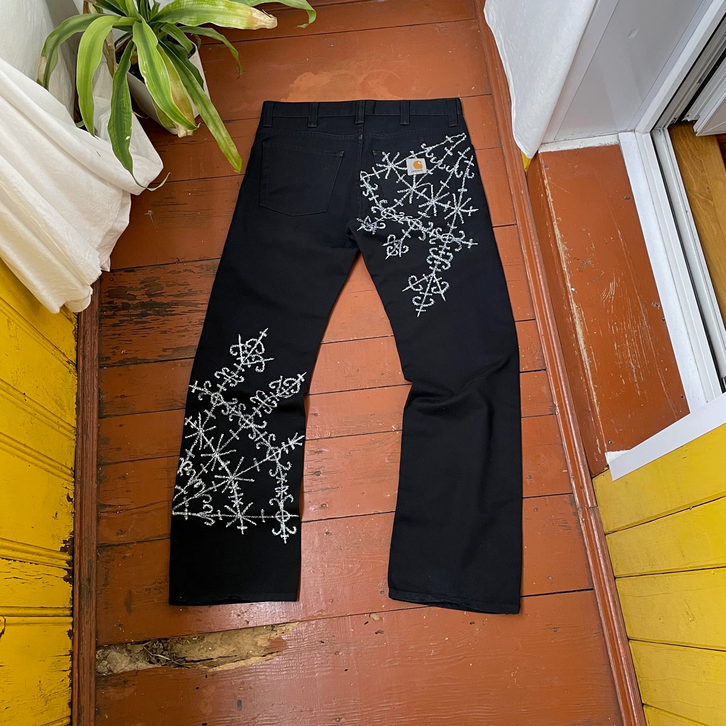 Custom Carhartt Black Pants – Handprinted Cross | Vintage Workwear 1 of 1