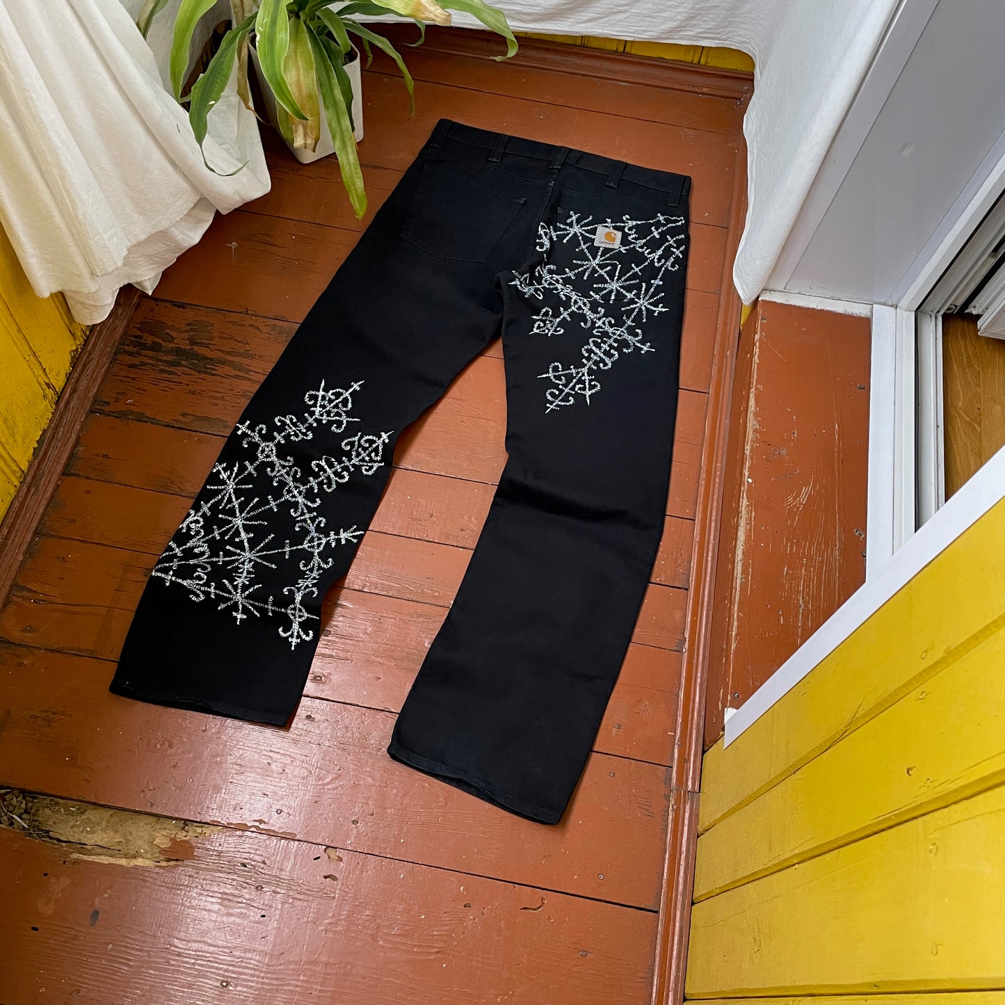 Custom Carhartt Black Pants – Handprinted Cross | Vintage Workwear 1 of 1