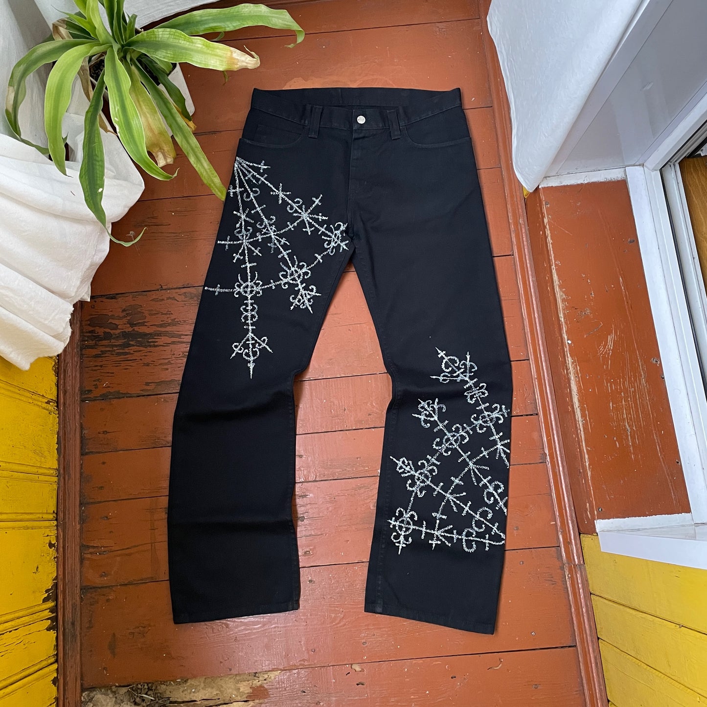 Custom Carhartt Black Pants – Handprinted Cross | Vintage Workwear 1 of 1