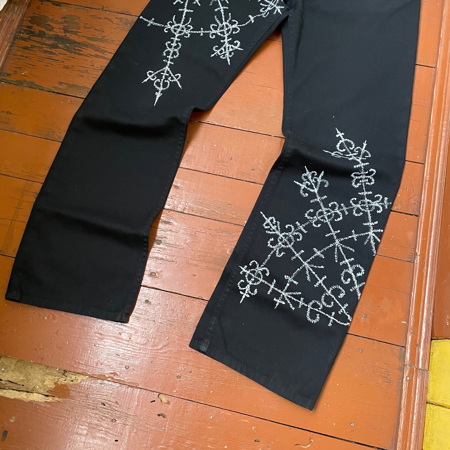 Custom Carhartt Black Pants – Handprinted Cross | Vintage Workwear 1 of 1