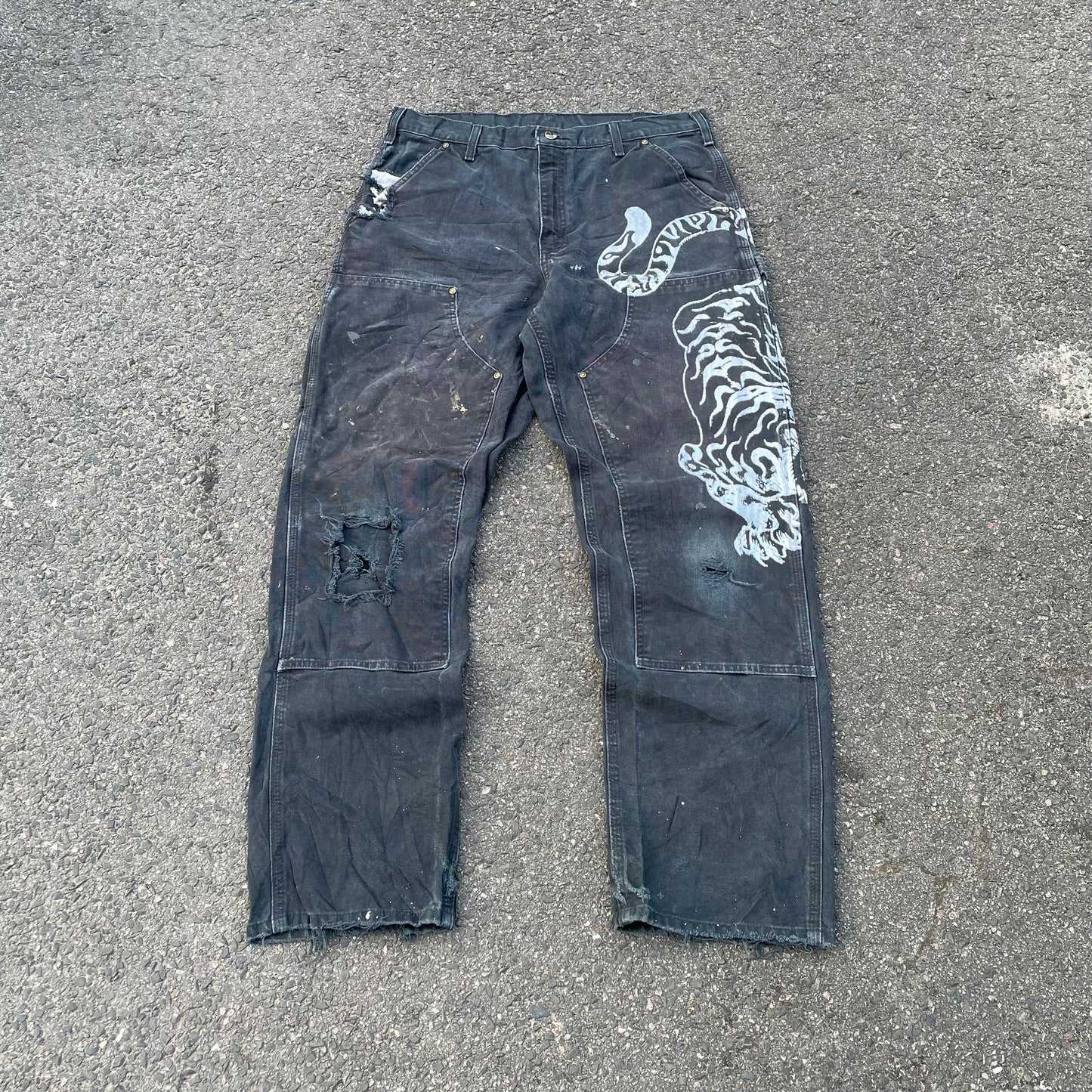 Custom Carhartt Double Knee Black Pants – Vintage Workwear with Tiger Print | 90s Distressed 1 of 1