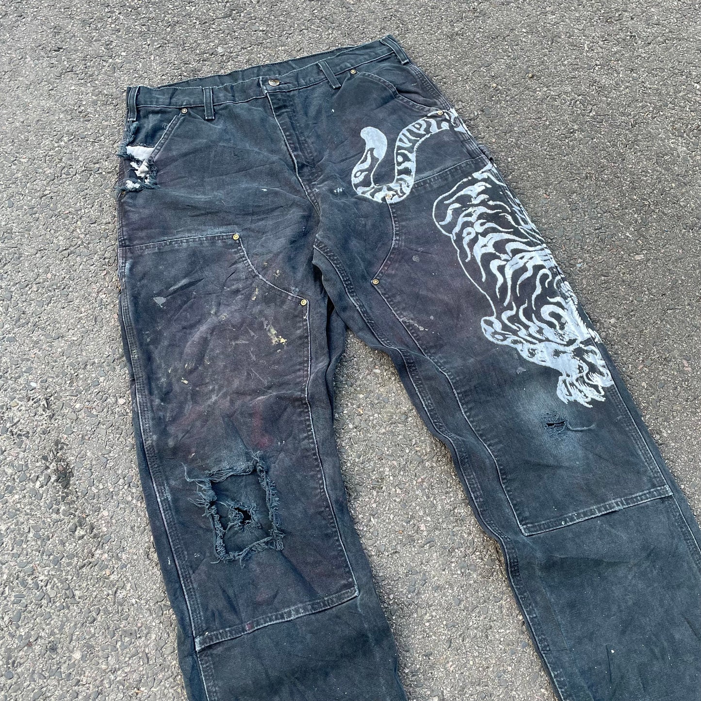 Custom Carhartt Double Knee Black Pants – Vintage Workwear with Tiger Print | 90s Distressed 1 of 1