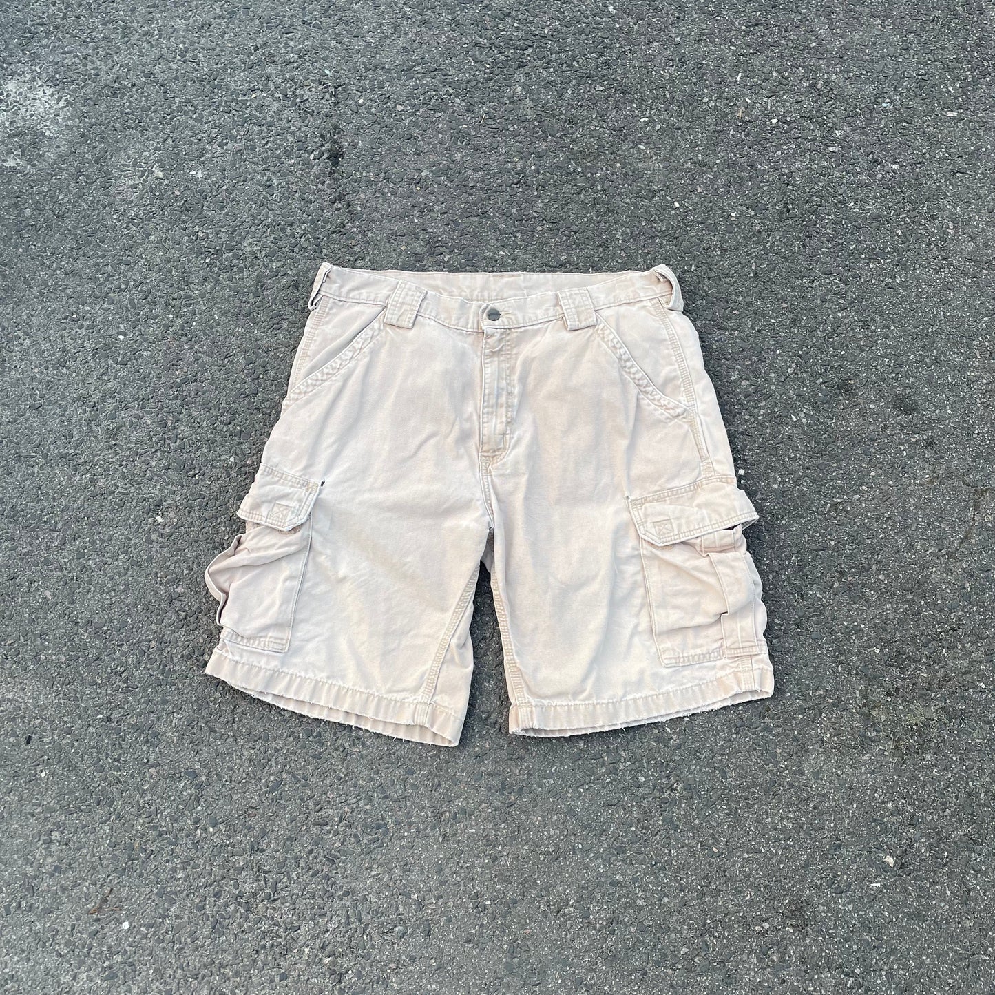 Custom Carhartt Cargo Shorts – Beige Canvas with Back Skeleton Print | Vintage Workwear 1 of 1