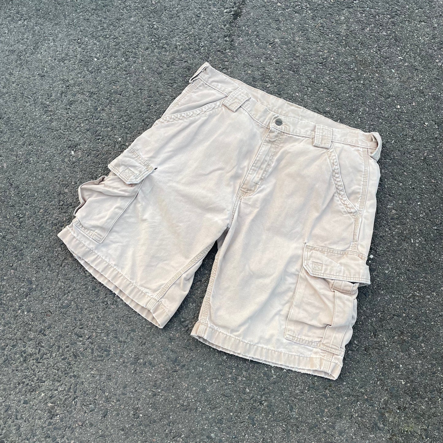 Custom Carhartt Cargo Shorts – Beige Canvas with Back Skeleton Print | Vintage Workwear 1 of 1